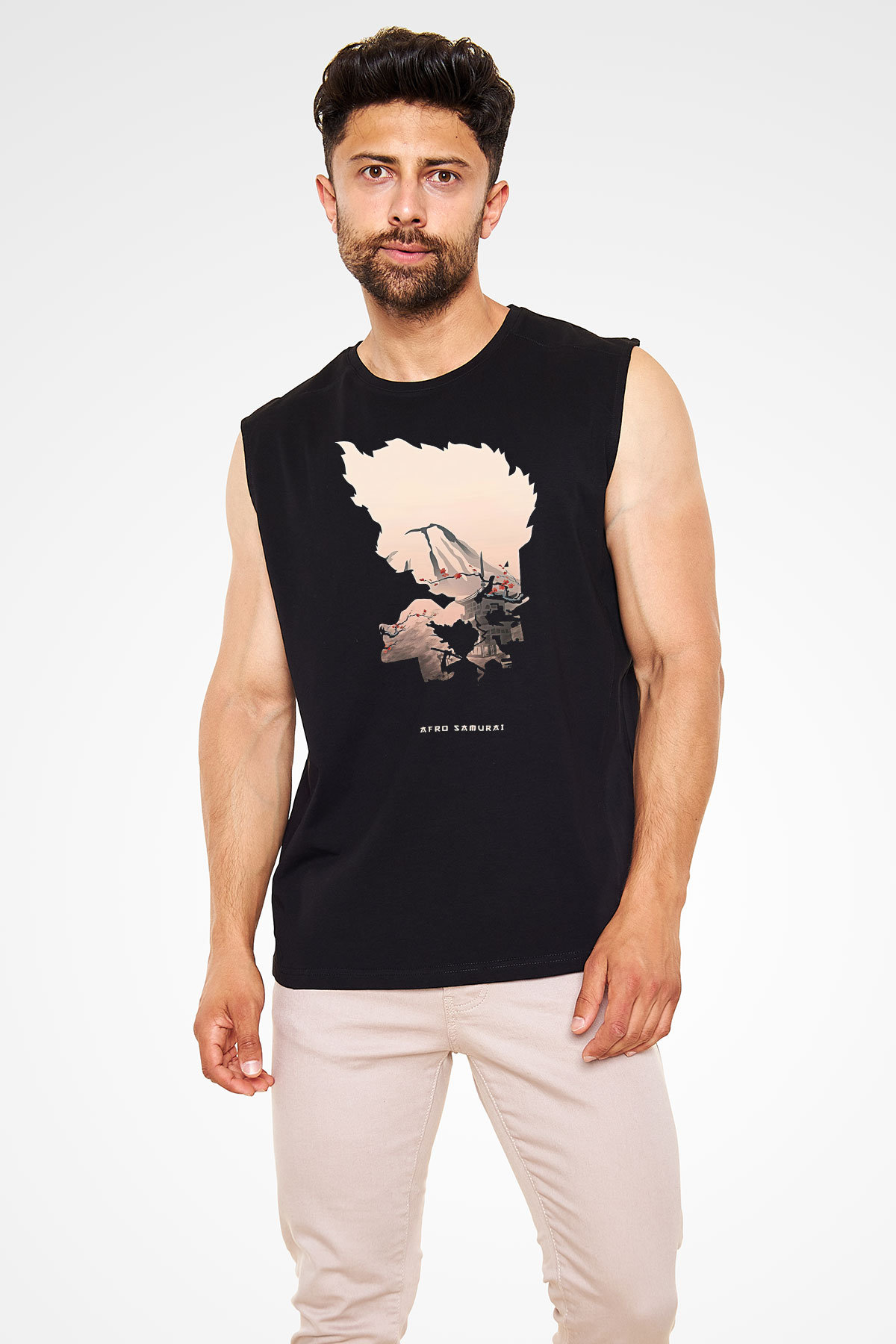 Afro Samurai Baskılı Unisex Siyah Kolsuz Tişört - Tshirt