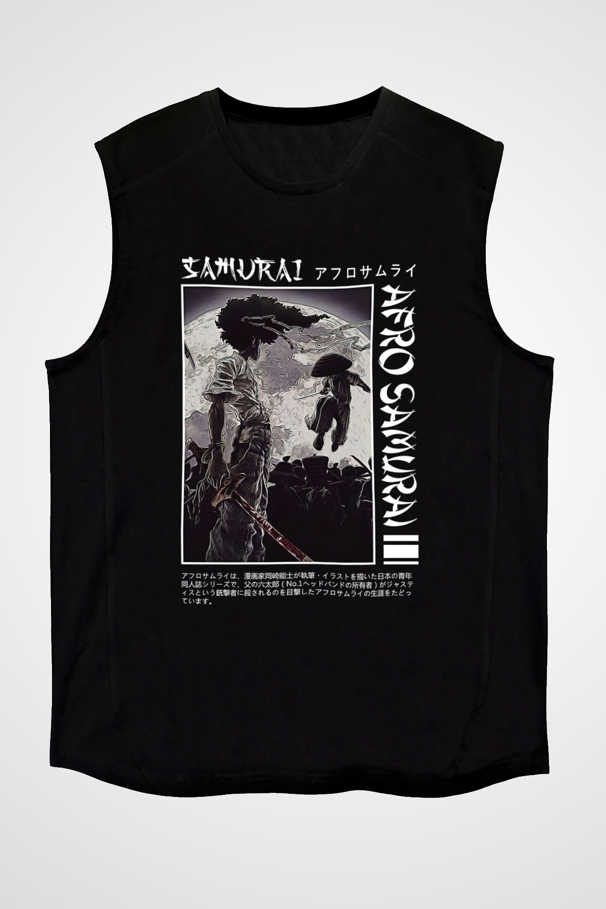 Afro Samurai Baskılı Unisex Siyah Kolsuz Tişört - Tshirt
