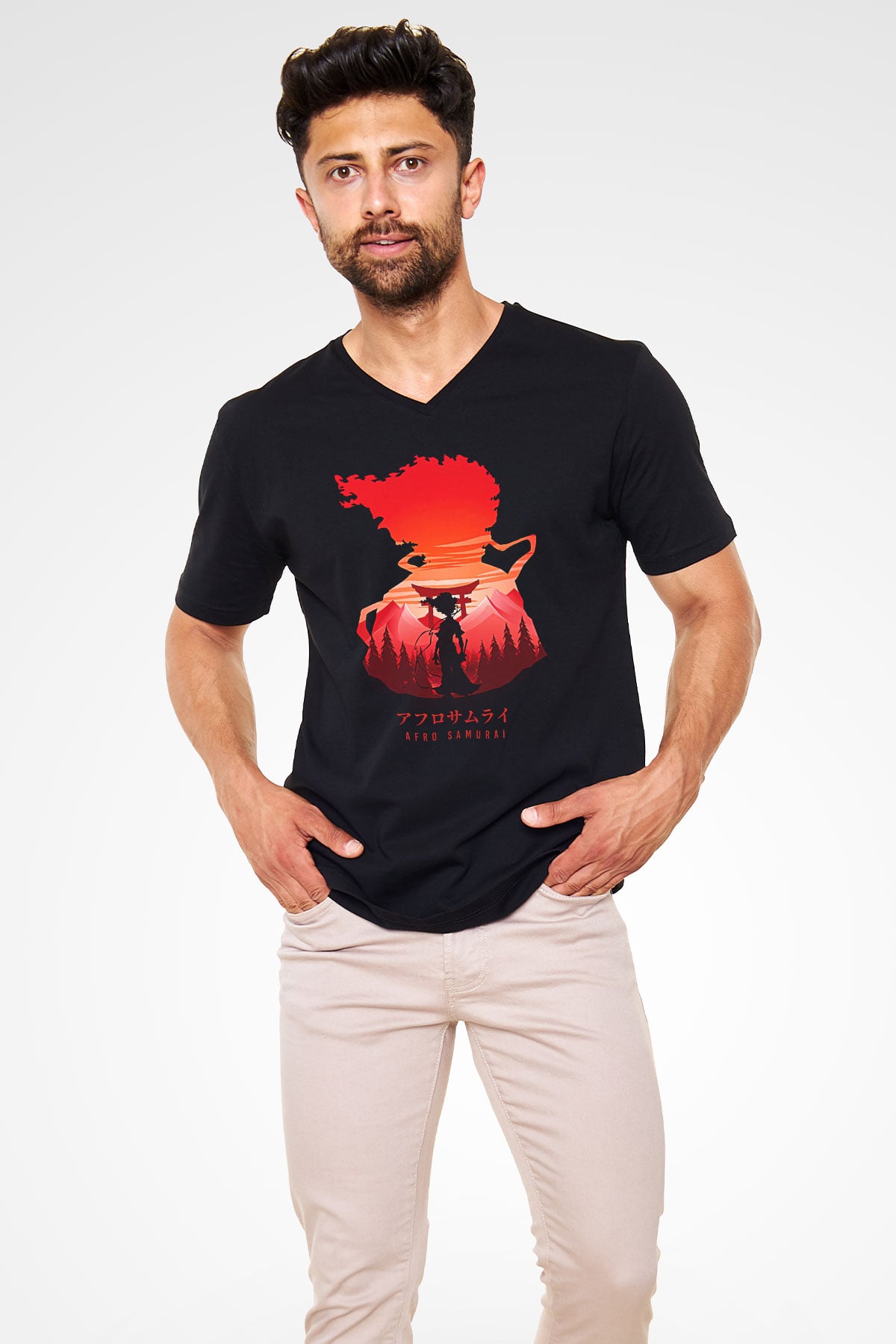 Afro Samurai Baskılı Unisex Siyah V Yaka Tişört - Tshirt