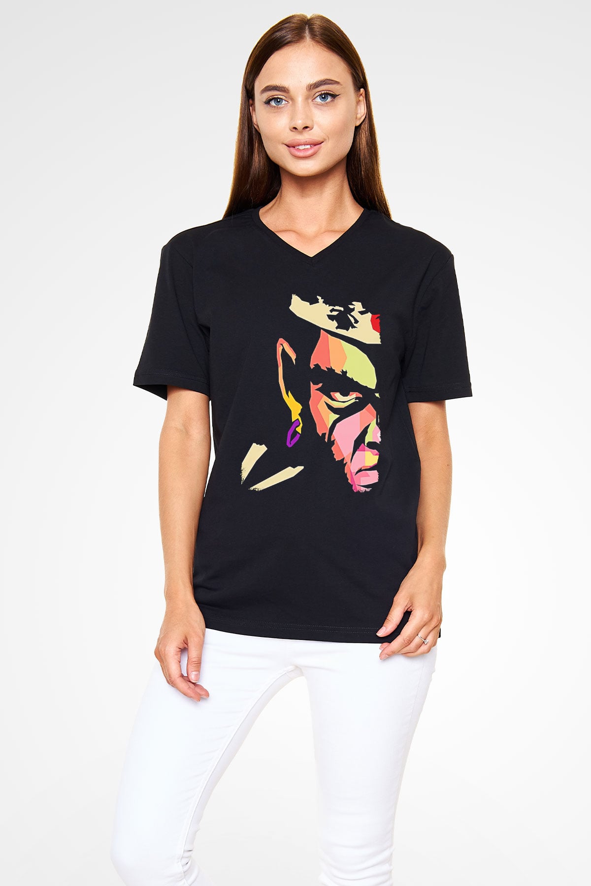 Afro Samurai Baskılı Unisex Siyah V Yaka Tişört - Tshirt