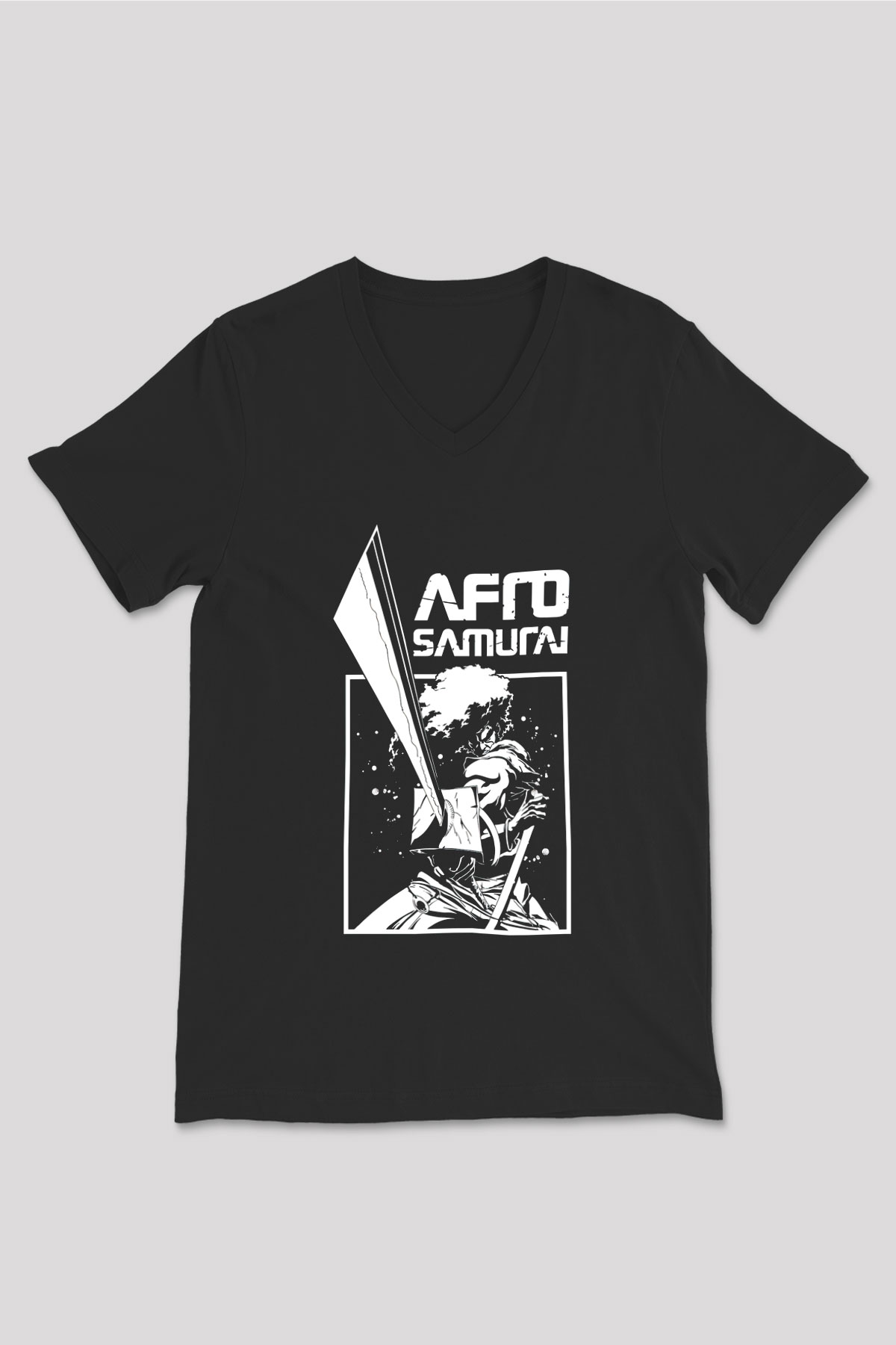 Afro Samurai Baskılı Unisex Siyah V Yaka Tişört - Tshirt