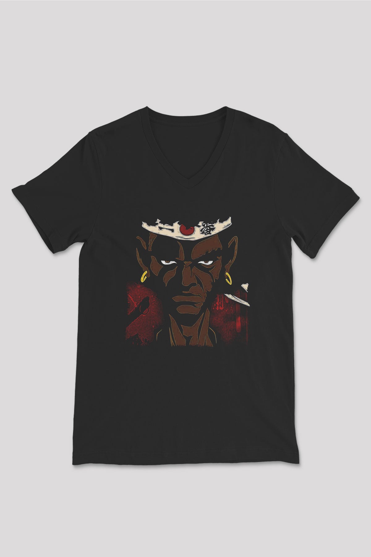 Afro Samurai Baskılı Unisex Siyah V Yaka Tişört - Tshirt