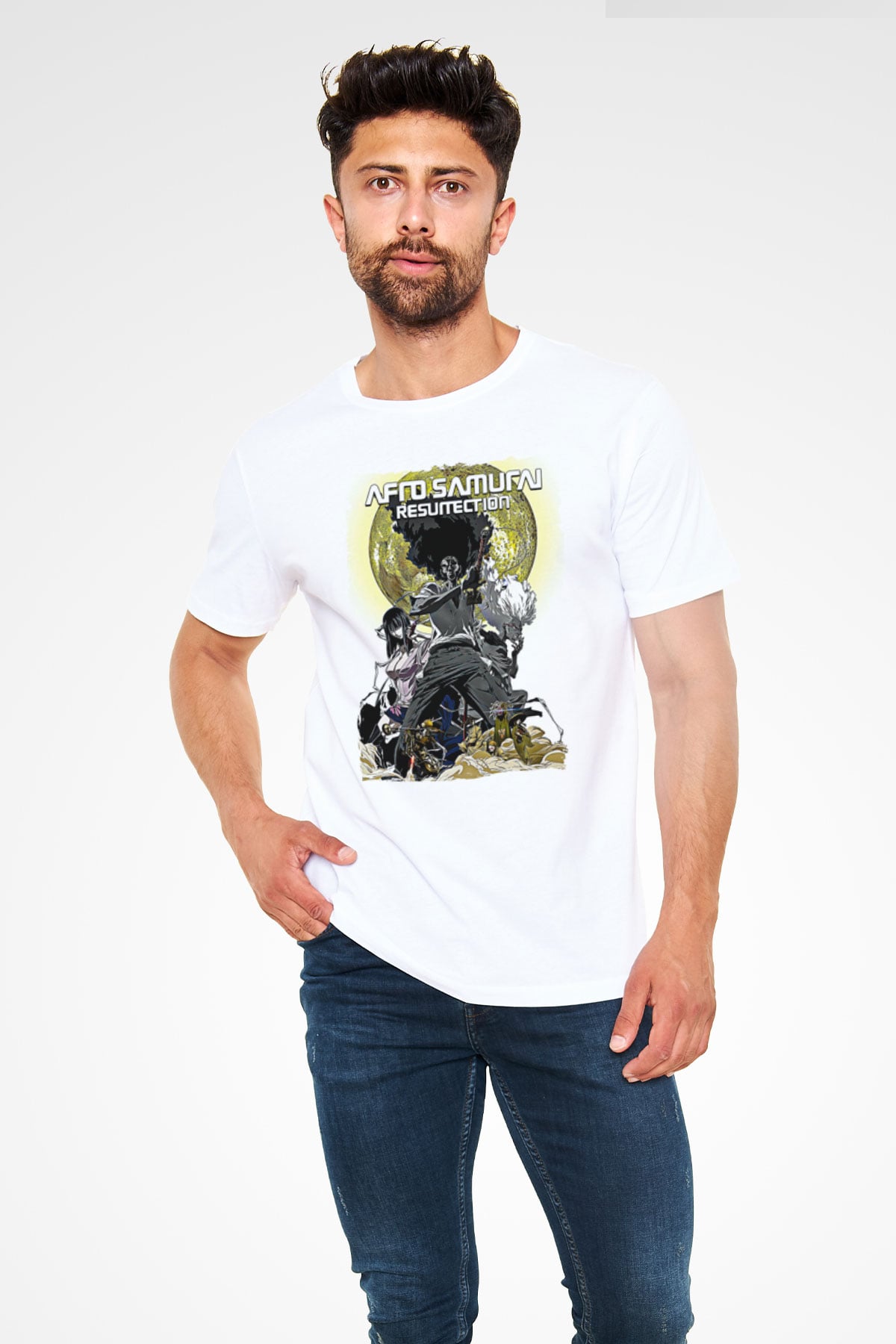 Afro Samurai Unisex Baskılı Beyaz Tişört - Tshirt