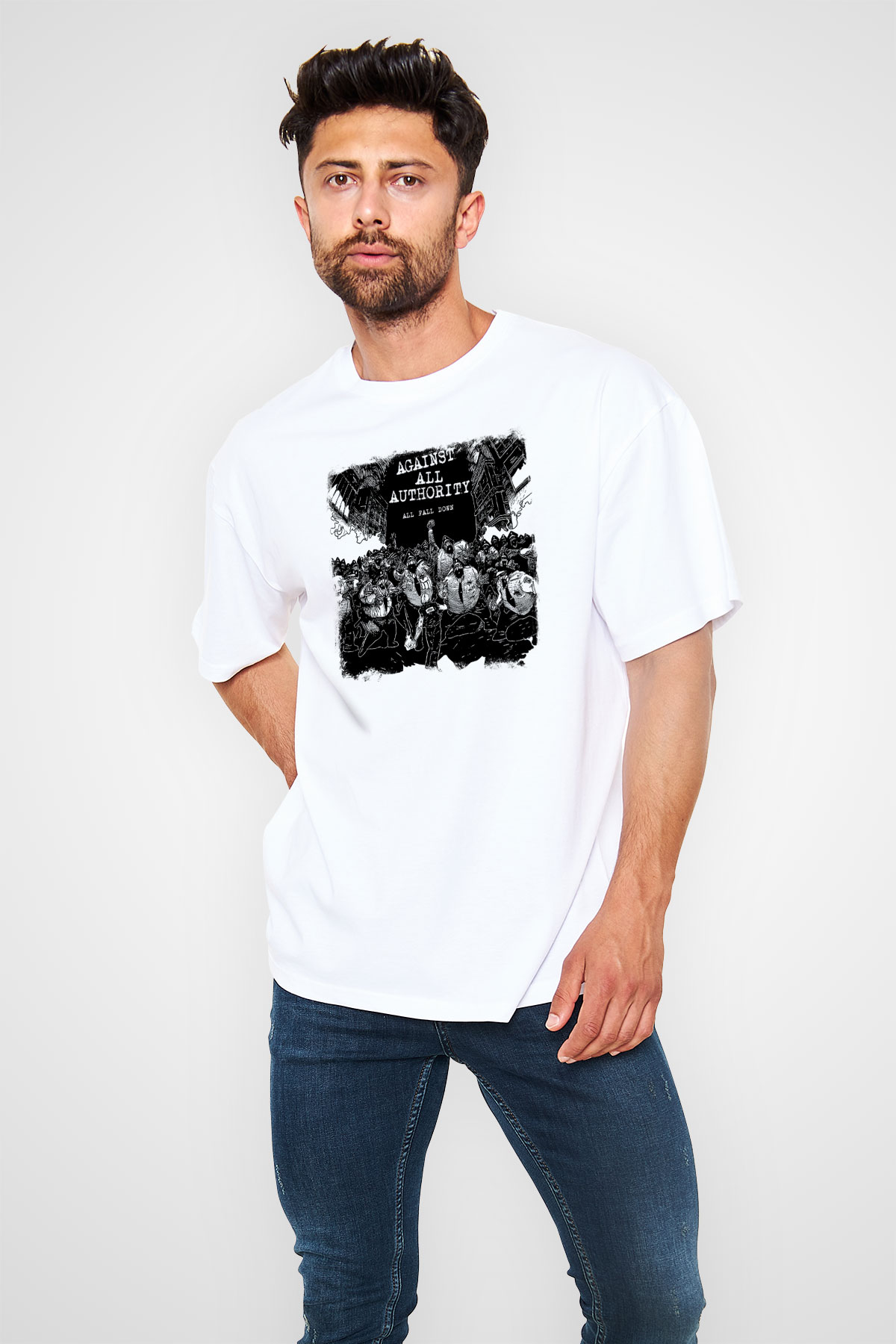 Against All Authority Baskılı Unisex Beyaz Oversize Tişört