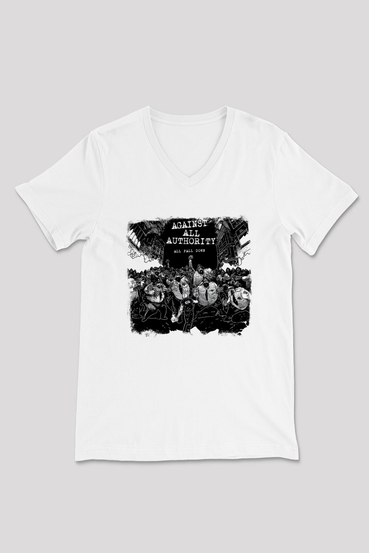 Against All Authority Baskılı Unisex Beyaz V Yaka Tişört