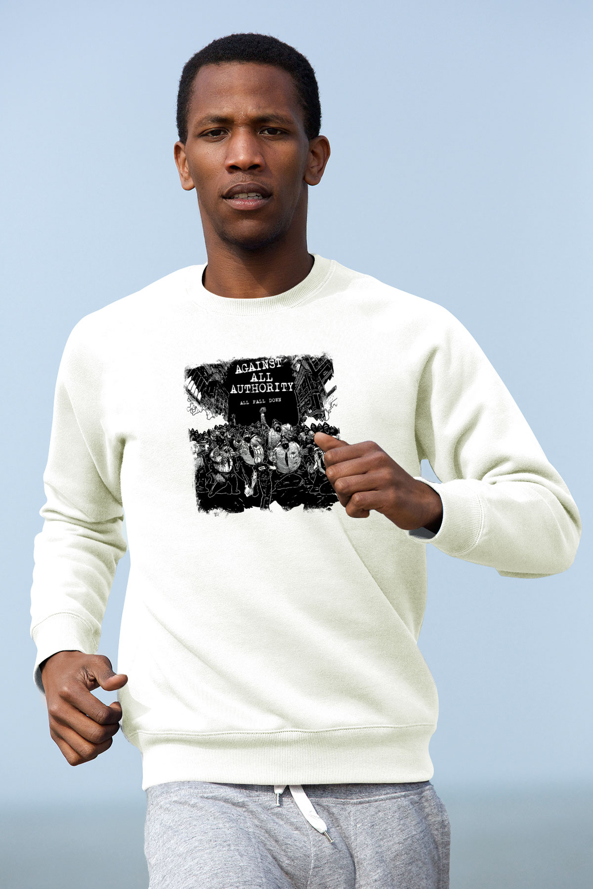 Against All Authority Baskılı Unisex Beyaz Sweatshirt
