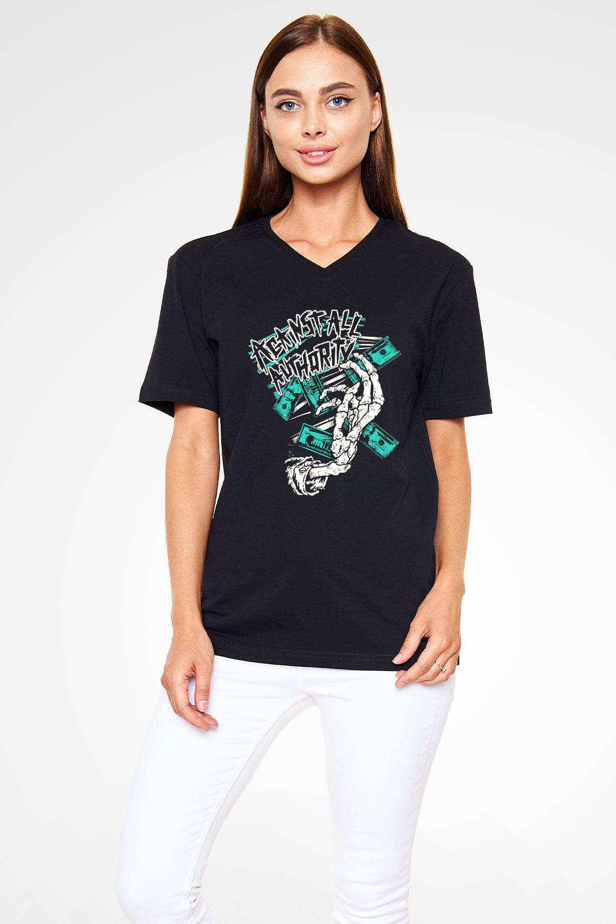 Against All Authority Siyah Unisex V Yaka Tişört T-Shirt