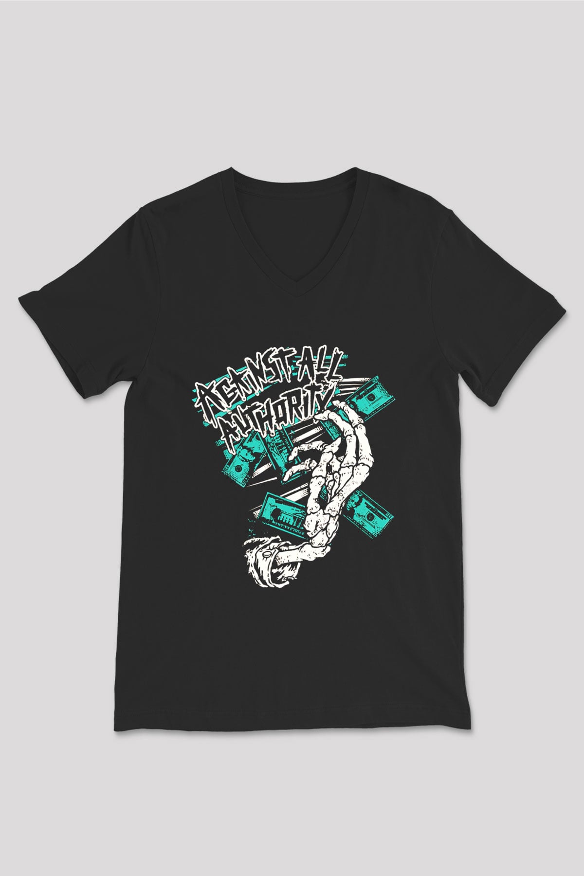 Against All Authority Siyah Unisex V Yaka Tişört T-Shirt