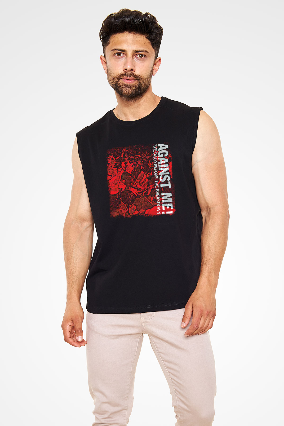 Against Me Baskılı Unisex Siyah Kolsuz Tişört