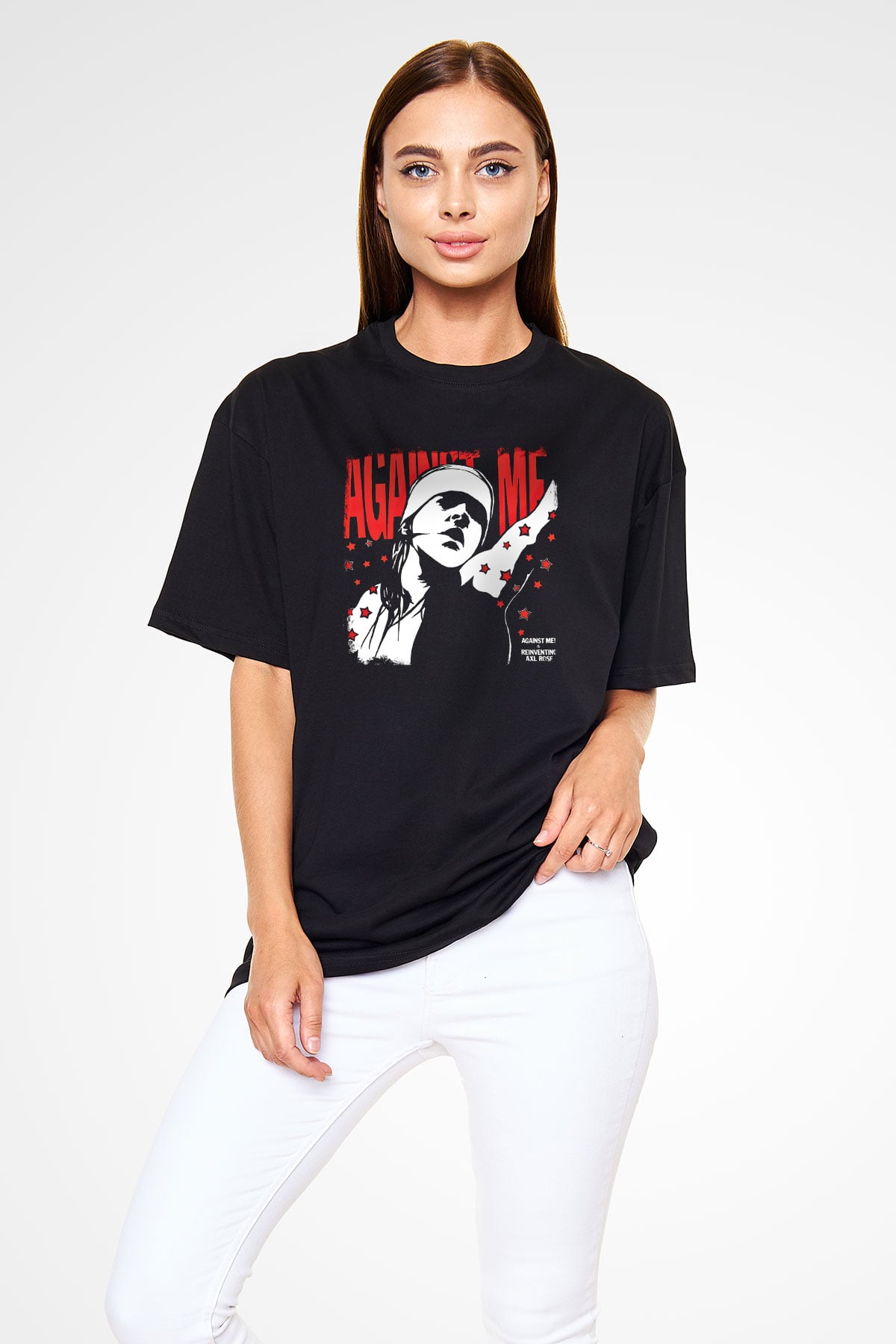 Against Me Baskılı Unisex Siyah Oversize Tişört
