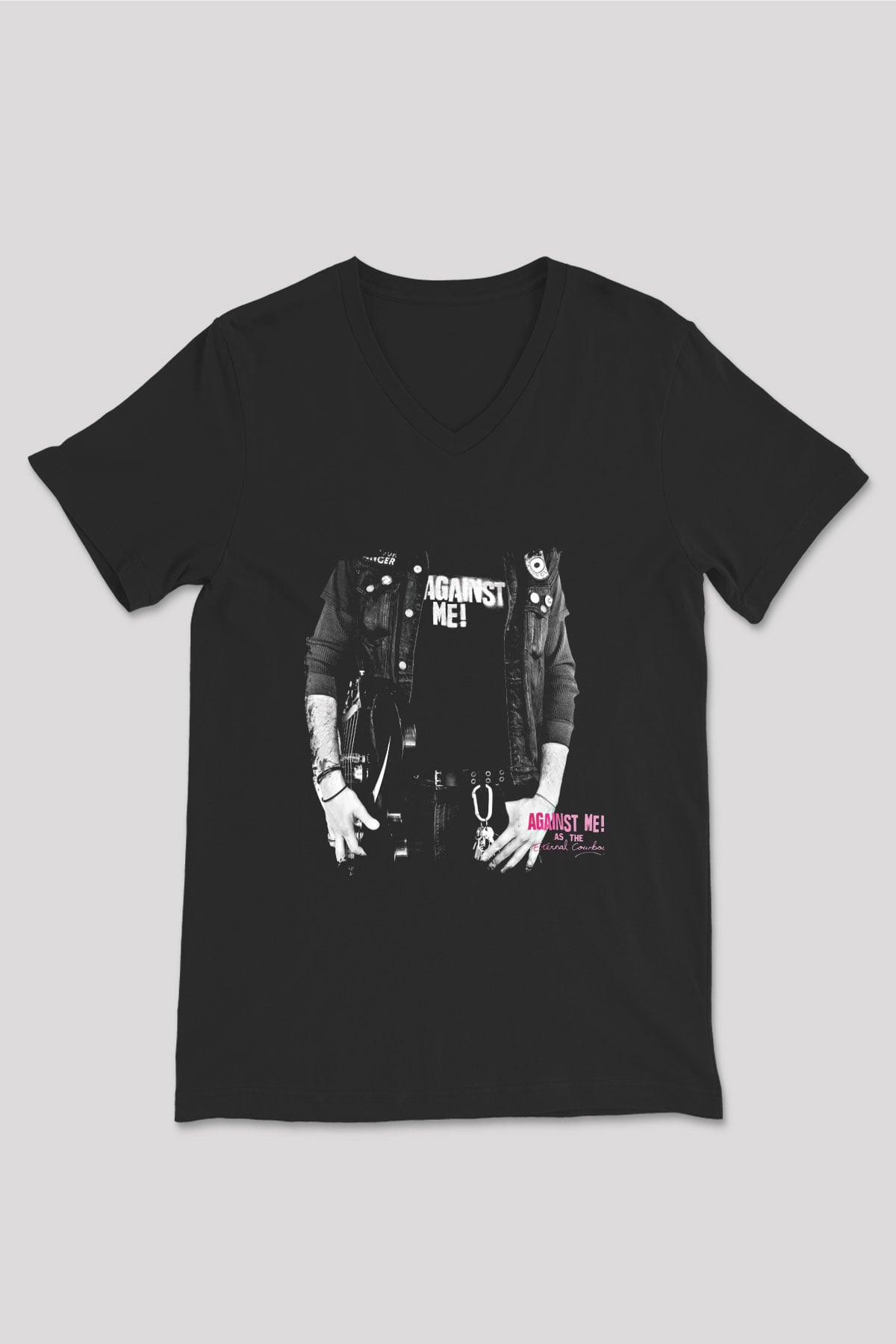 Against Me Baskılı Unisex Siyah V Yaka Tişört