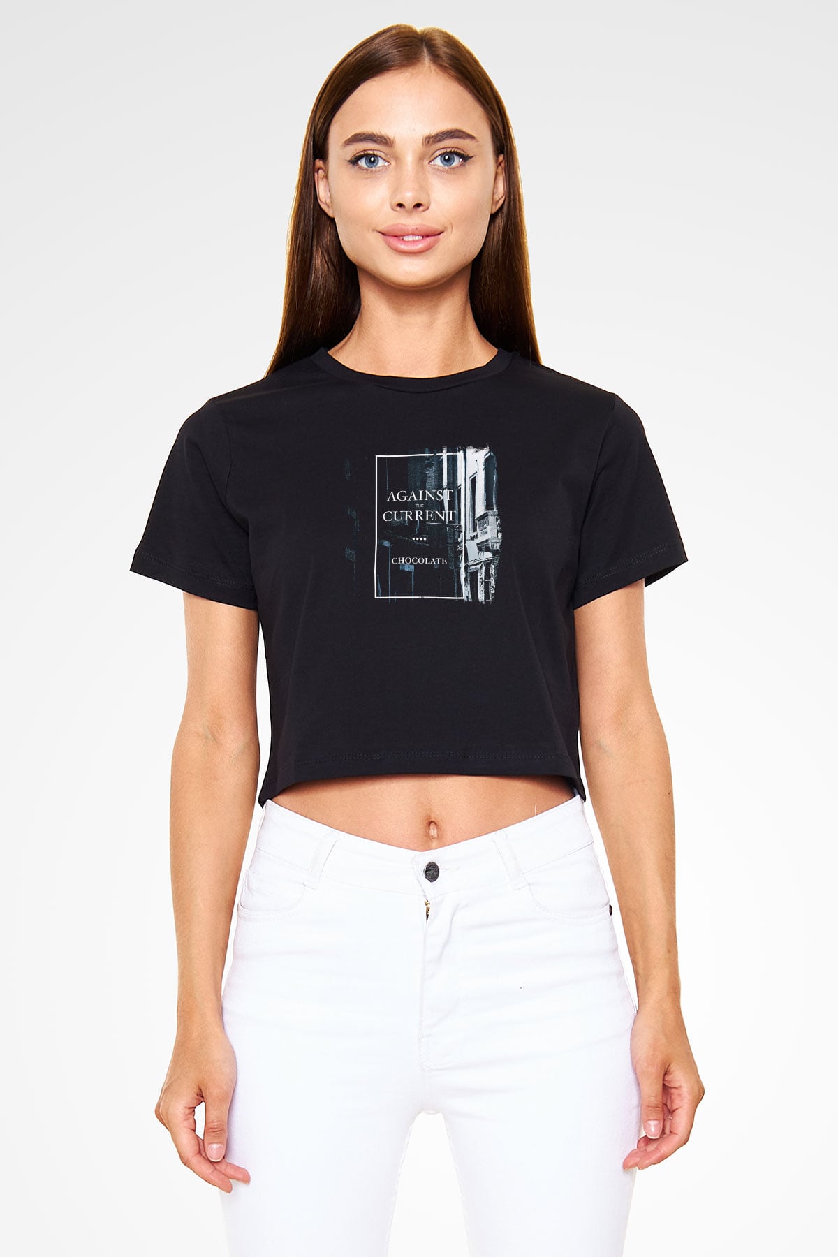 Against The Current Baskılı Unisex Siyah Crop Top Tişört