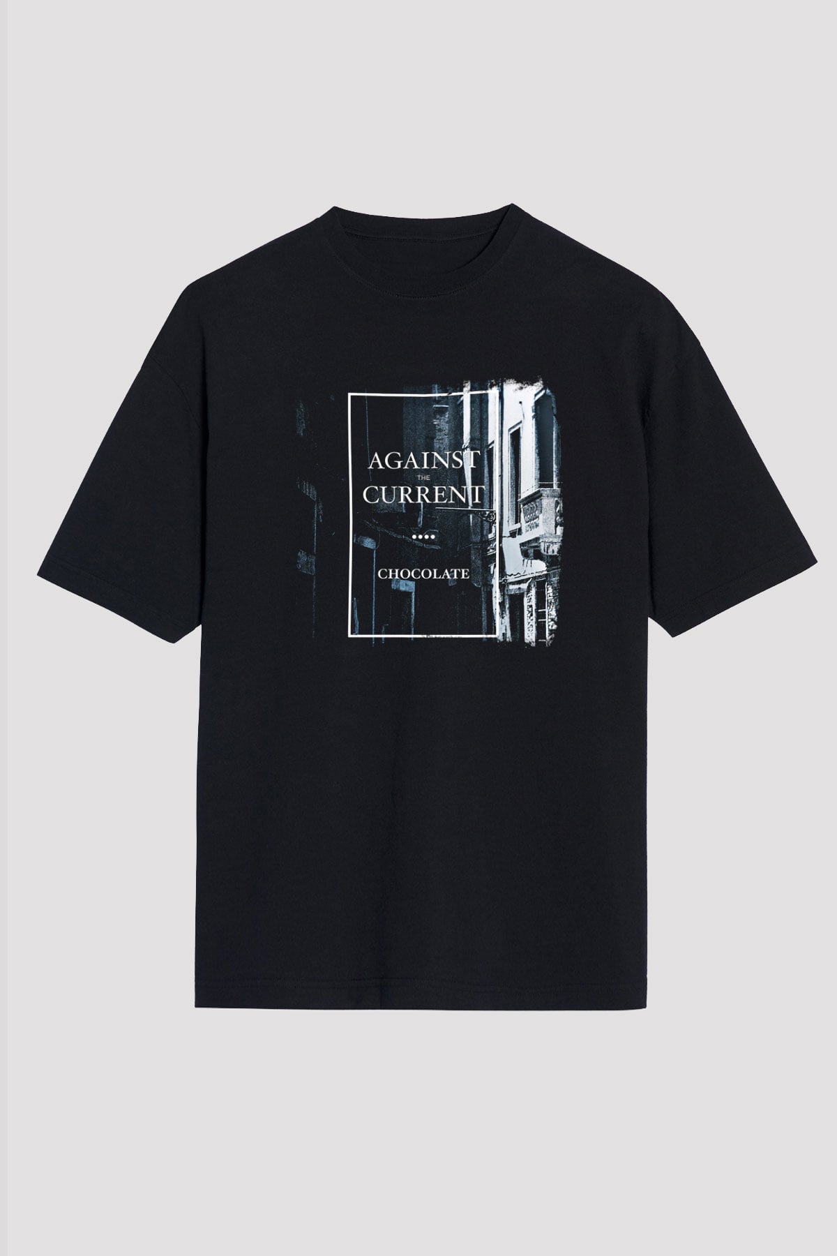 Against The Current Baskılı Unisex Siyah Oversize Tişört
