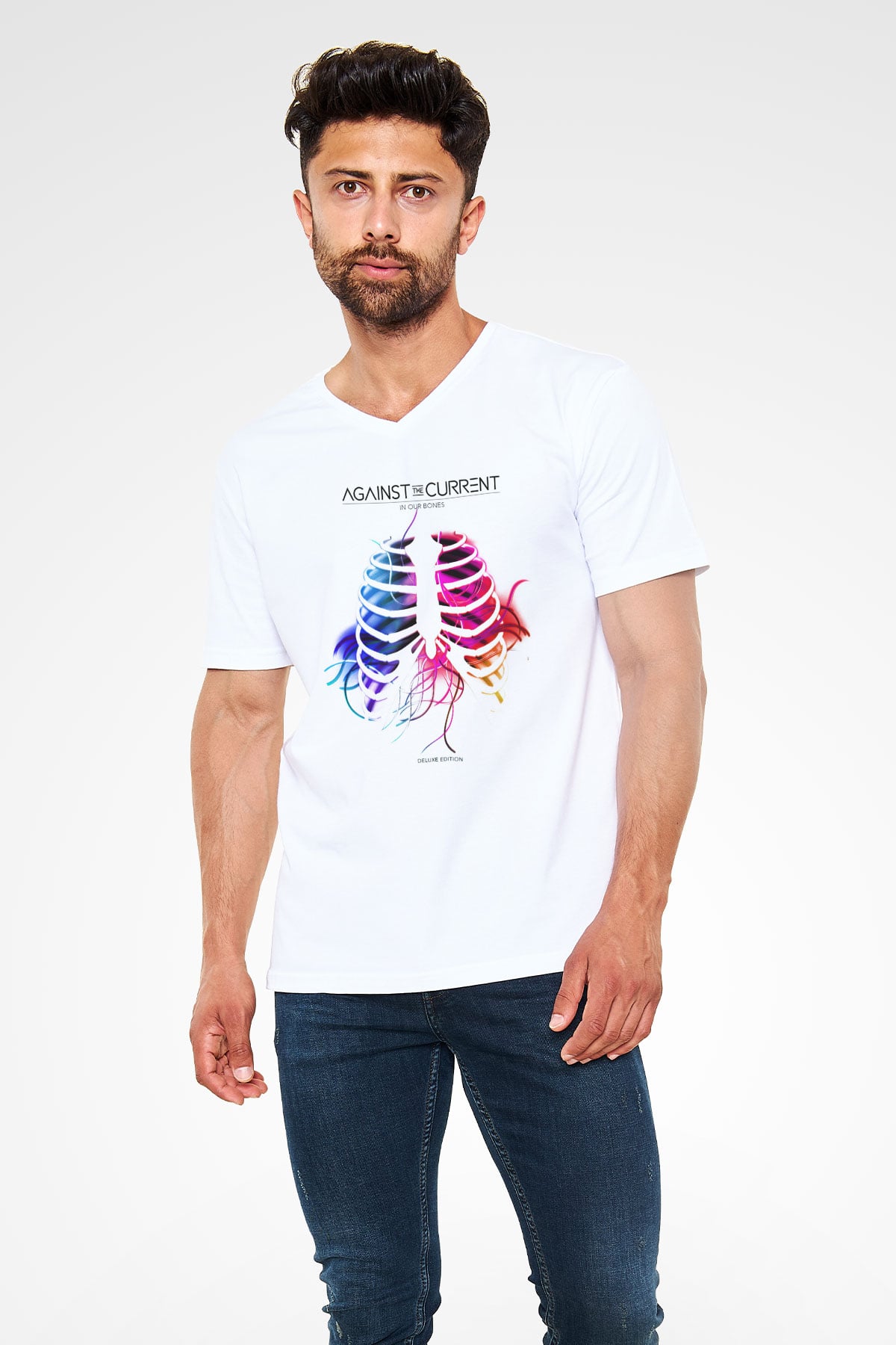 Against The Current Beyaz Unisex V Yaka Tişört T-Shirt
