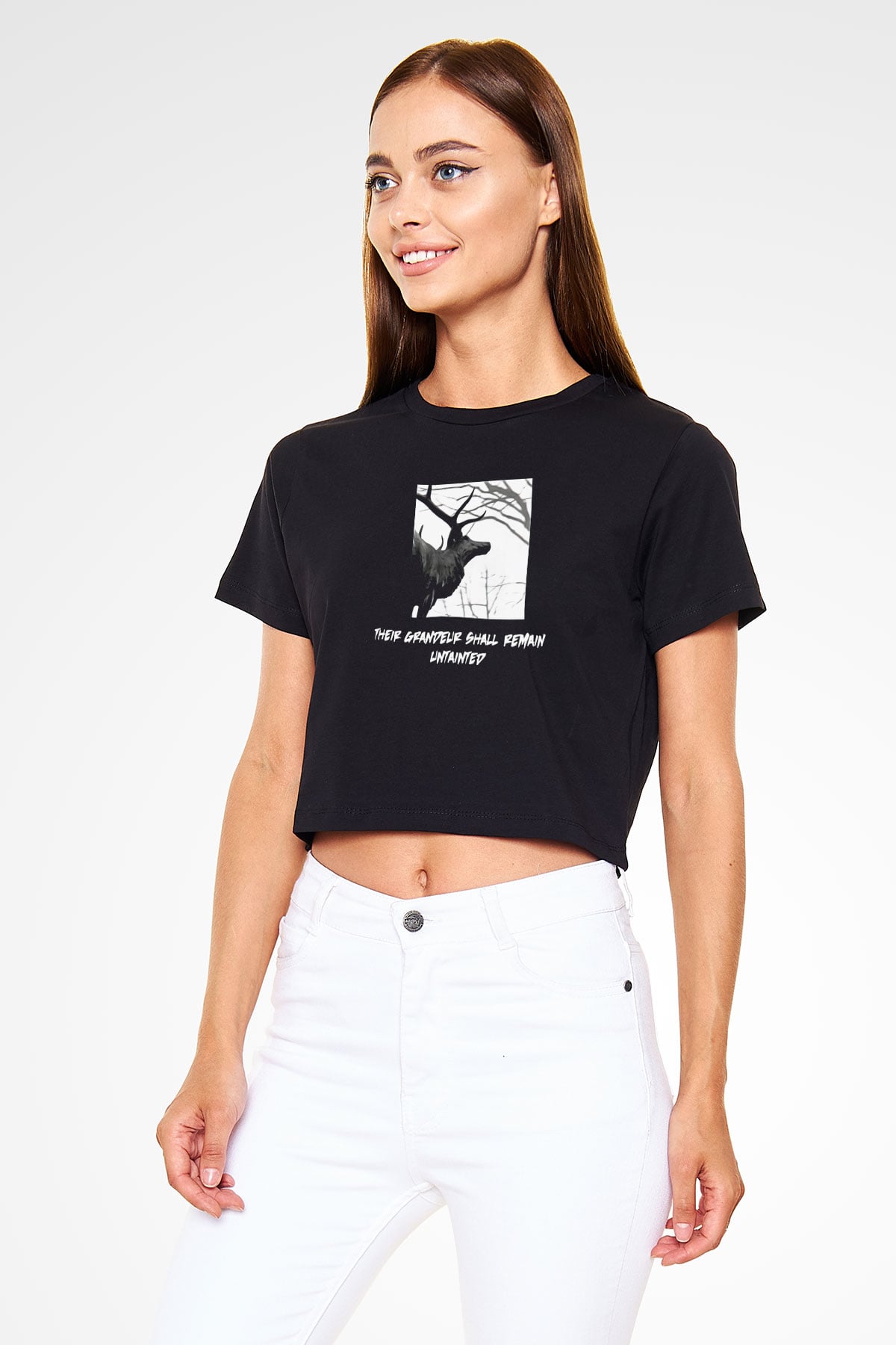 Agalloch Baskılı Siyah Crop Top Kadın Tişört - Tshirt