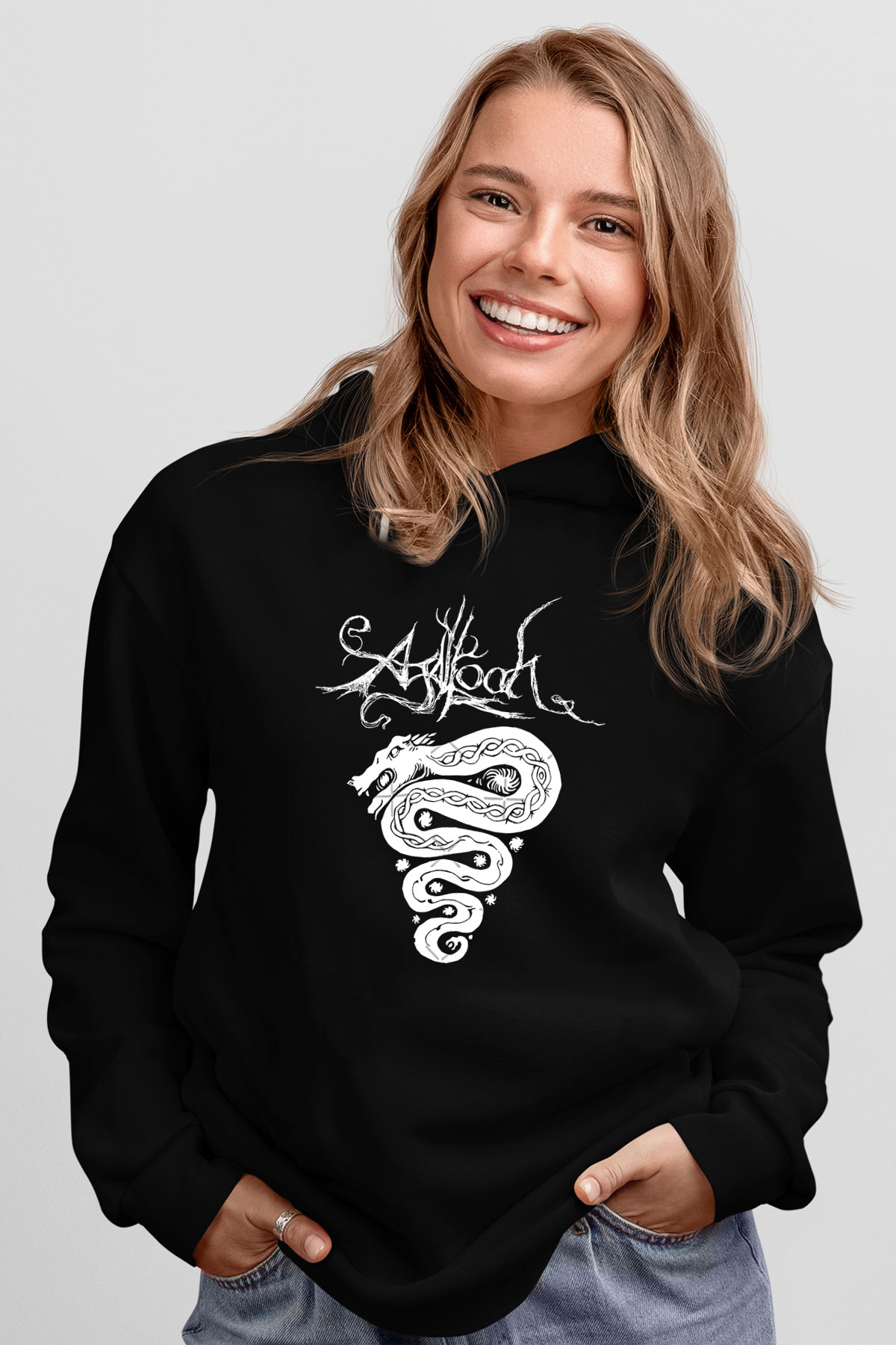 Agalloch Baskılı Unisex Siyah Kapüşonlu Sweatshirt