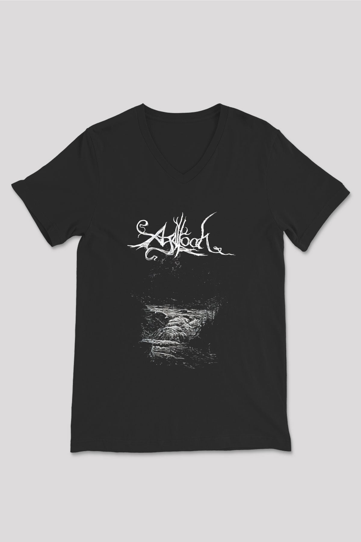 Agalloch Baskılı Unisex Siyah V Yaka Tişört - Tshirt