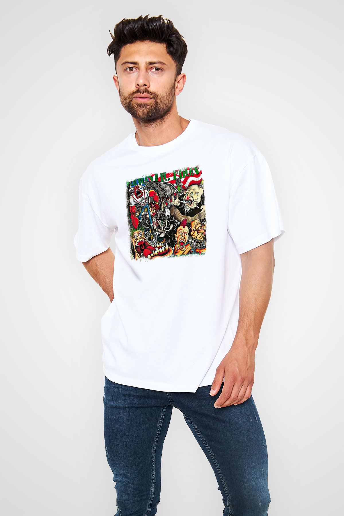 Agnostic Front Baskılı Unisex Beyaz Oversize Tişört