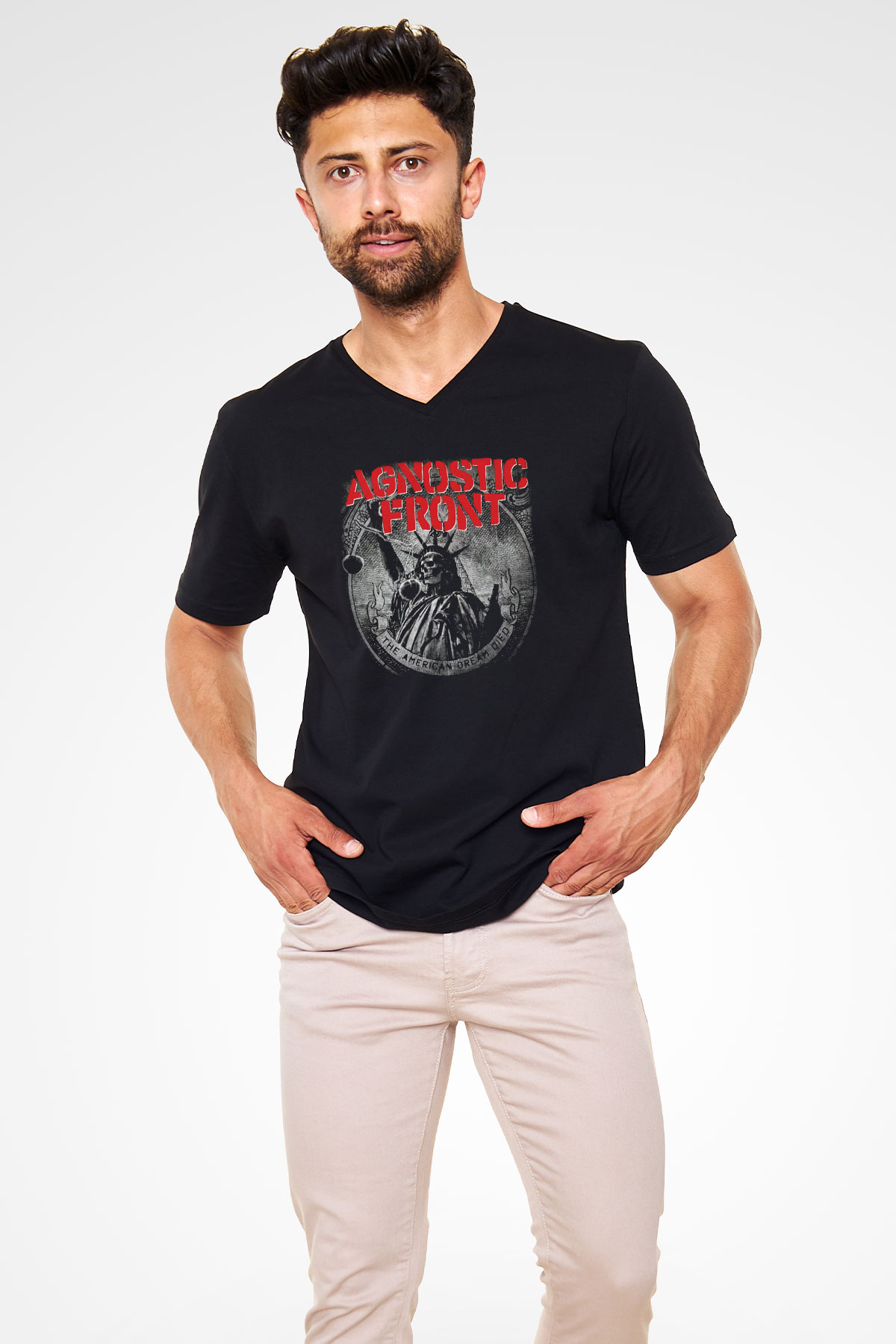 Agnostic Front Siyah Unisex V Yaka Tişört T-Shirt