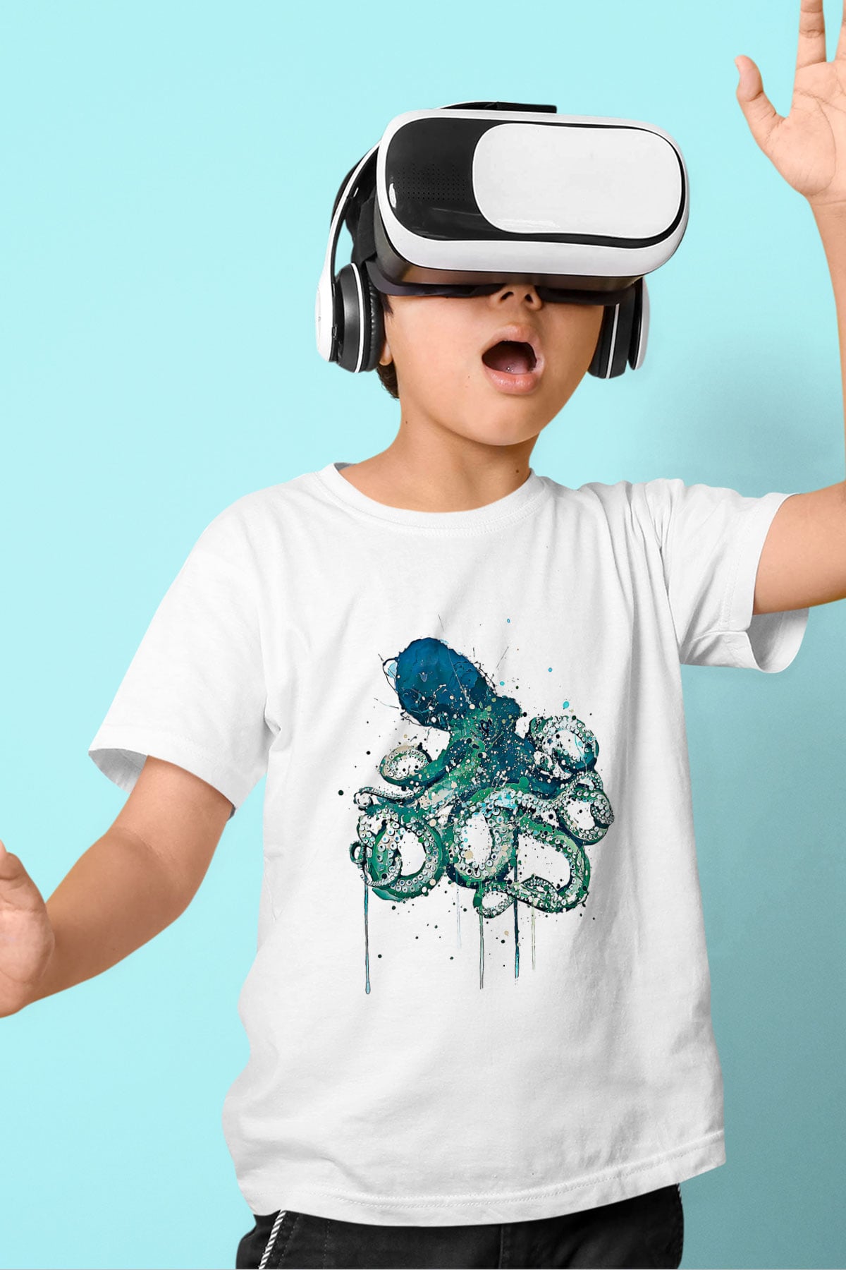 Ahtapot Baskılı Beyaz Unisex Beyaz Çocuk Tişört - Tshirt
