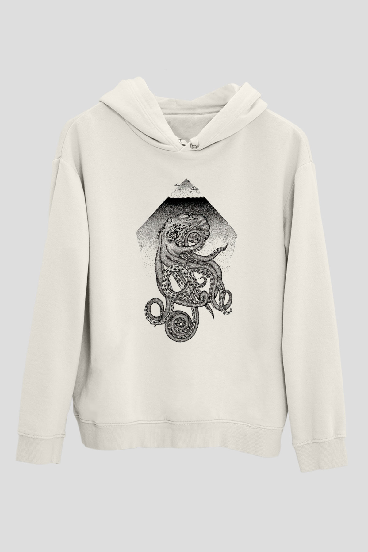Ahtapot Baskılı Beyaz Unisex Hoodie