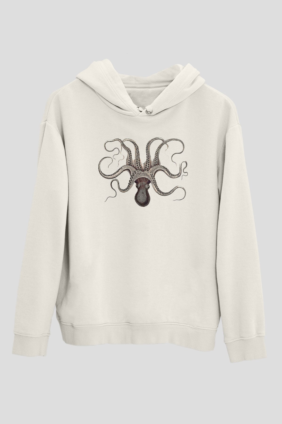 Ahtapot Baskılı Beyaz Unisex Hoodie
