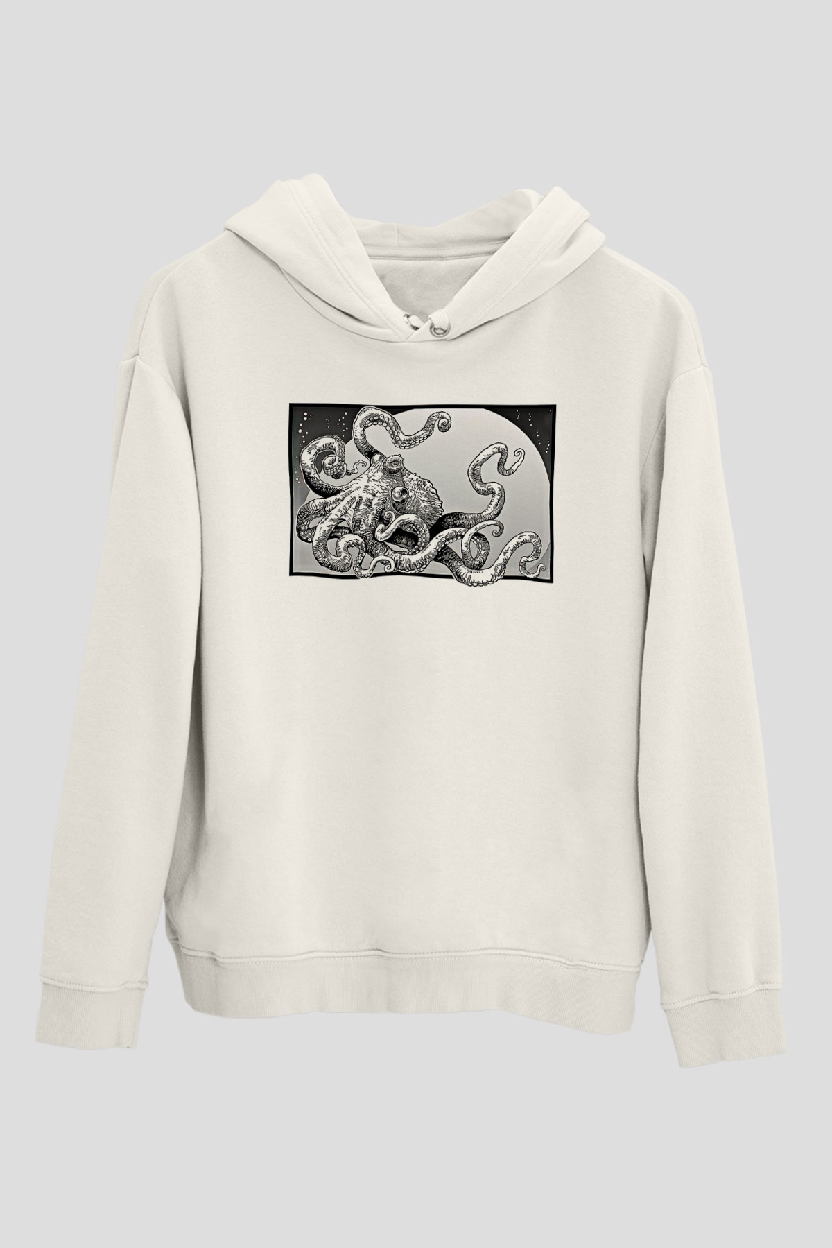 Ahtapot Baskılı Beyaz Unisex Hoodie