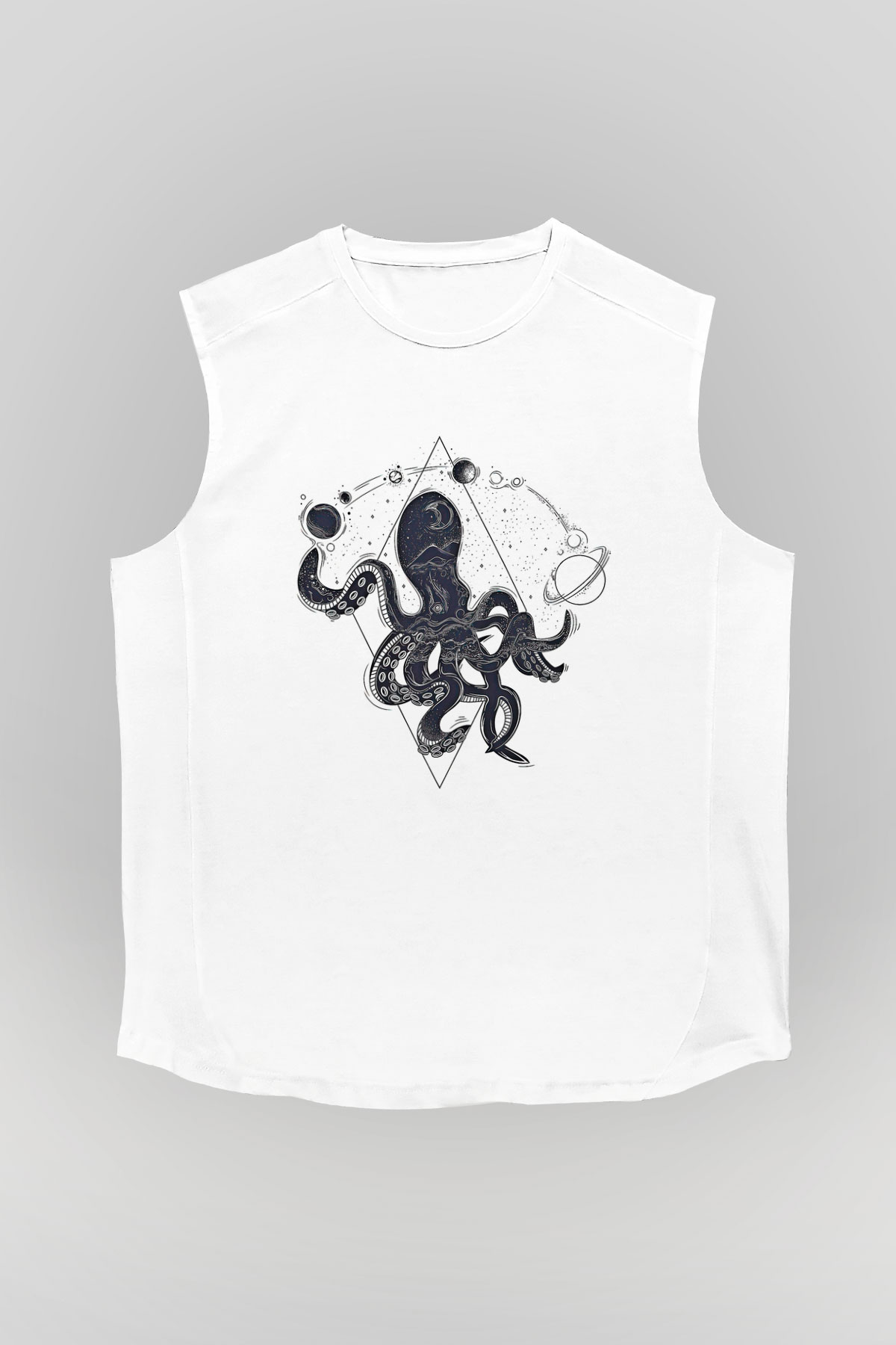 Ahtapot Baskılı Beyaz Unisex Kolsuz Tişört - Tshirt