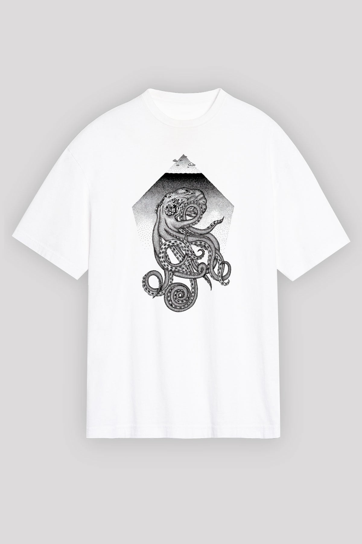 Ahtapot Baskılı Beyaz Unisex Oversize Tişört - Tshirt