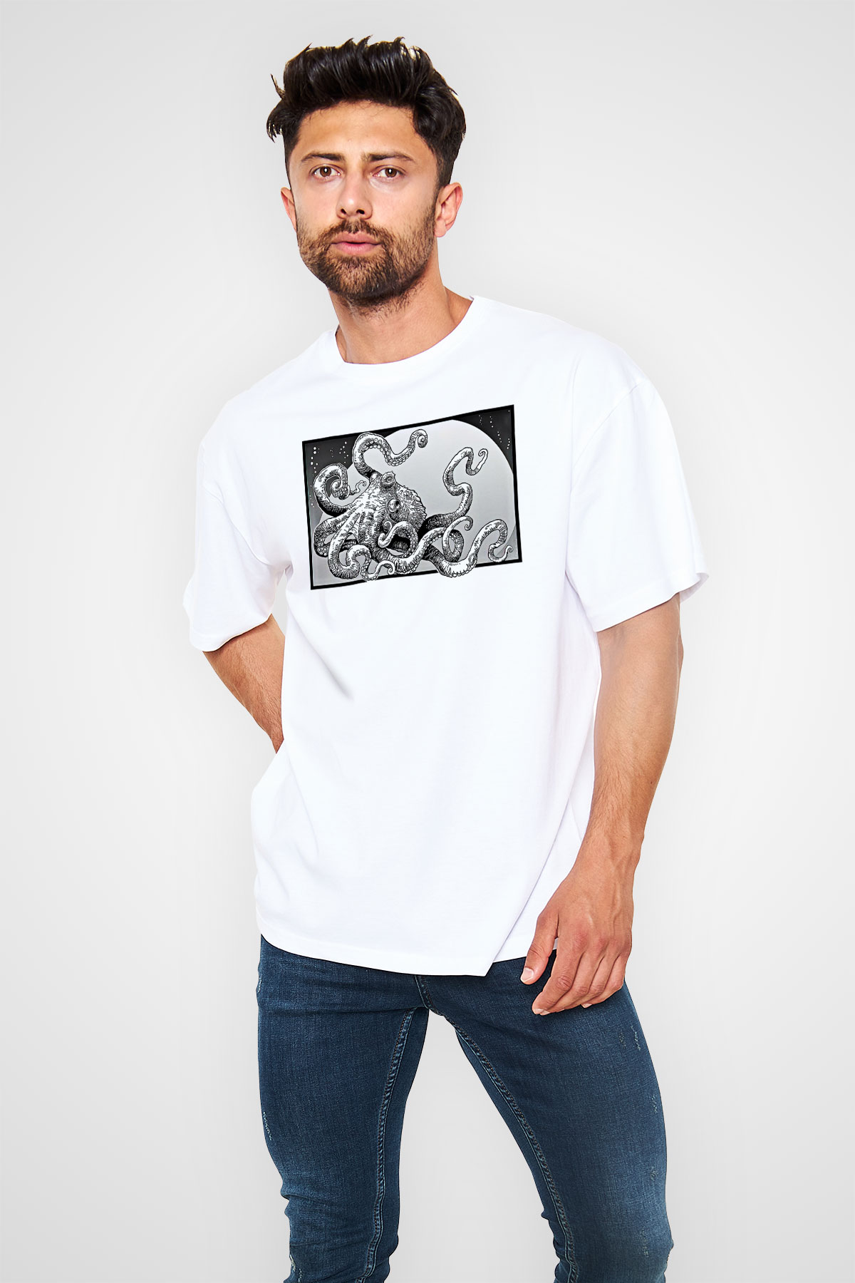 Ahtapot Baskılı Beyaz Unisex Oversize Tişört - Tshirt