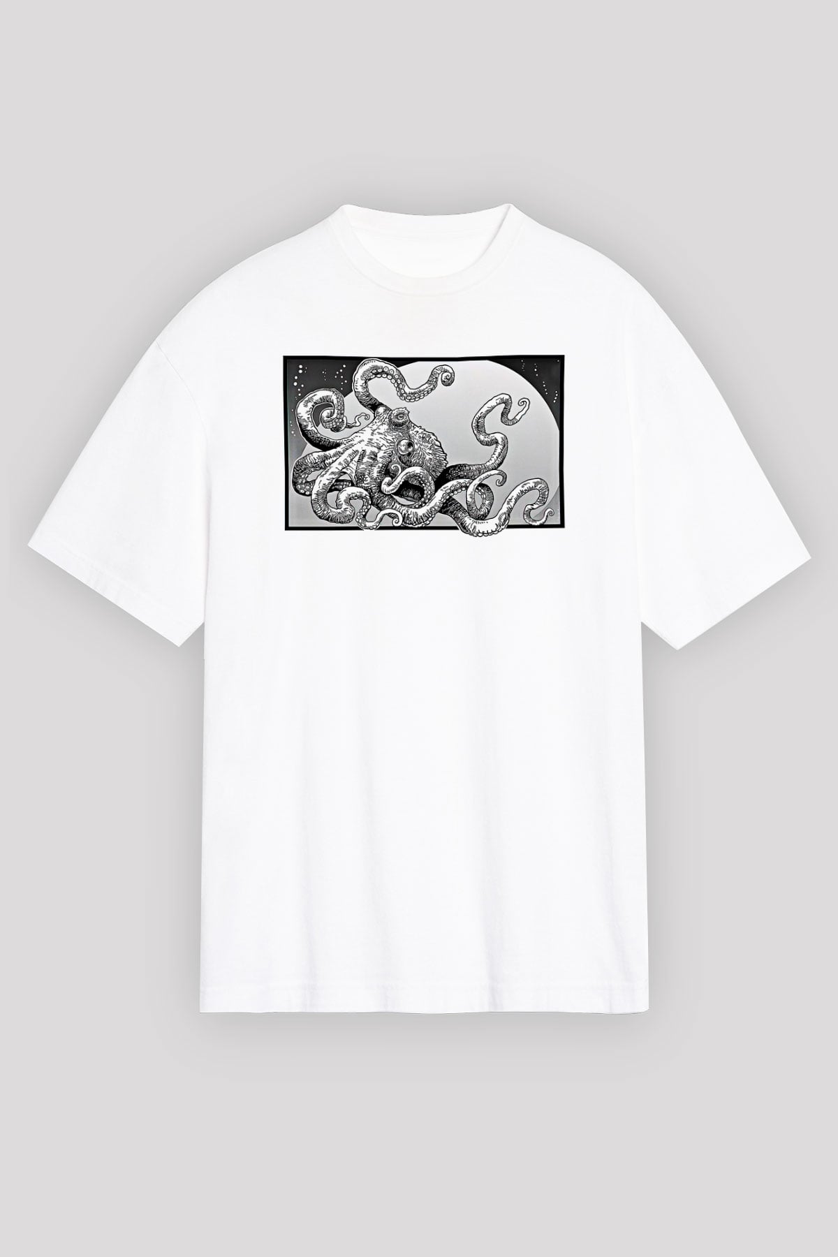 Ahtapot Baskılı Beyaz Unisex Oversize Tişört - Tshirt