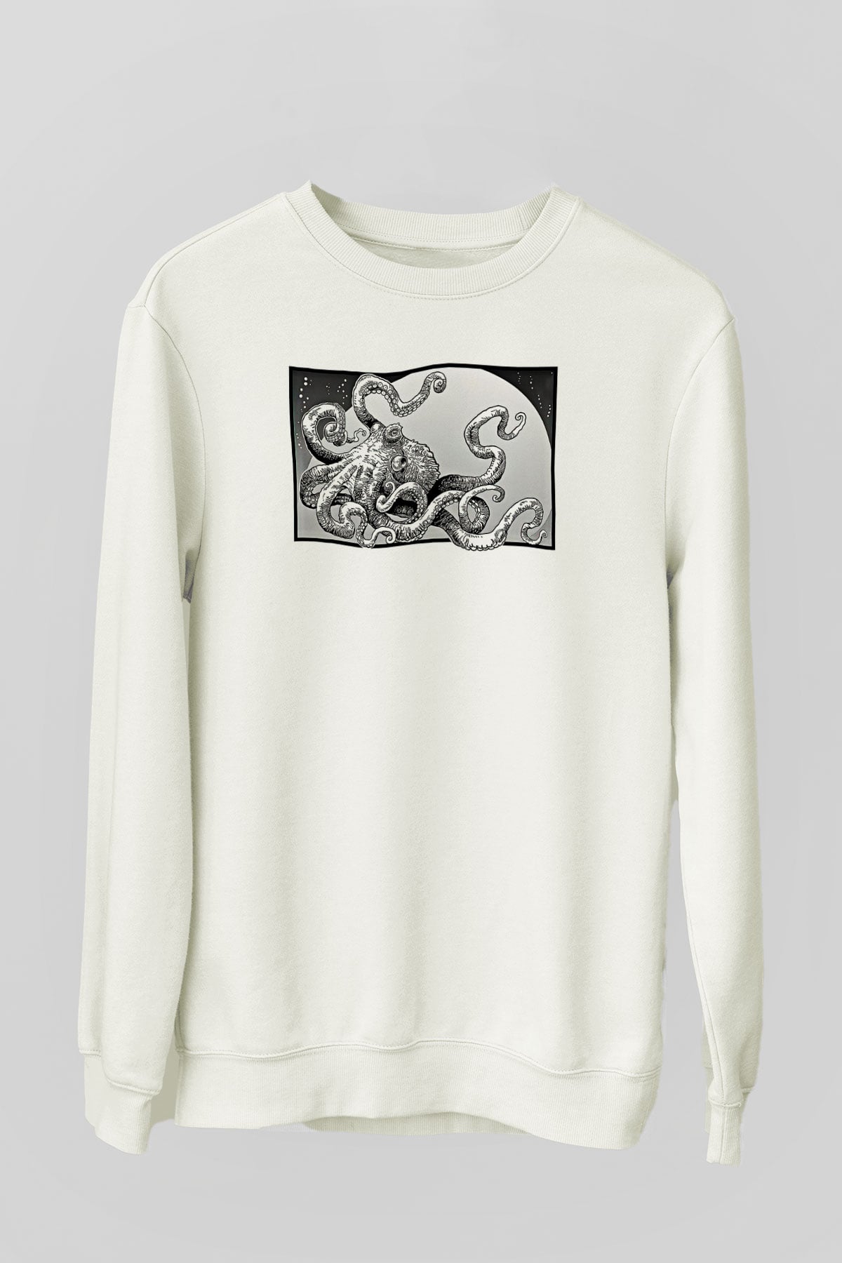 Ahtapot Baskılı Beyaz Unisex Sweatshirt