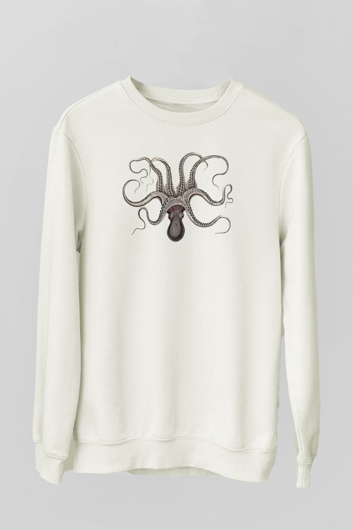 Ahtapot Baskılı Beyaz Unisex Sweatshirt