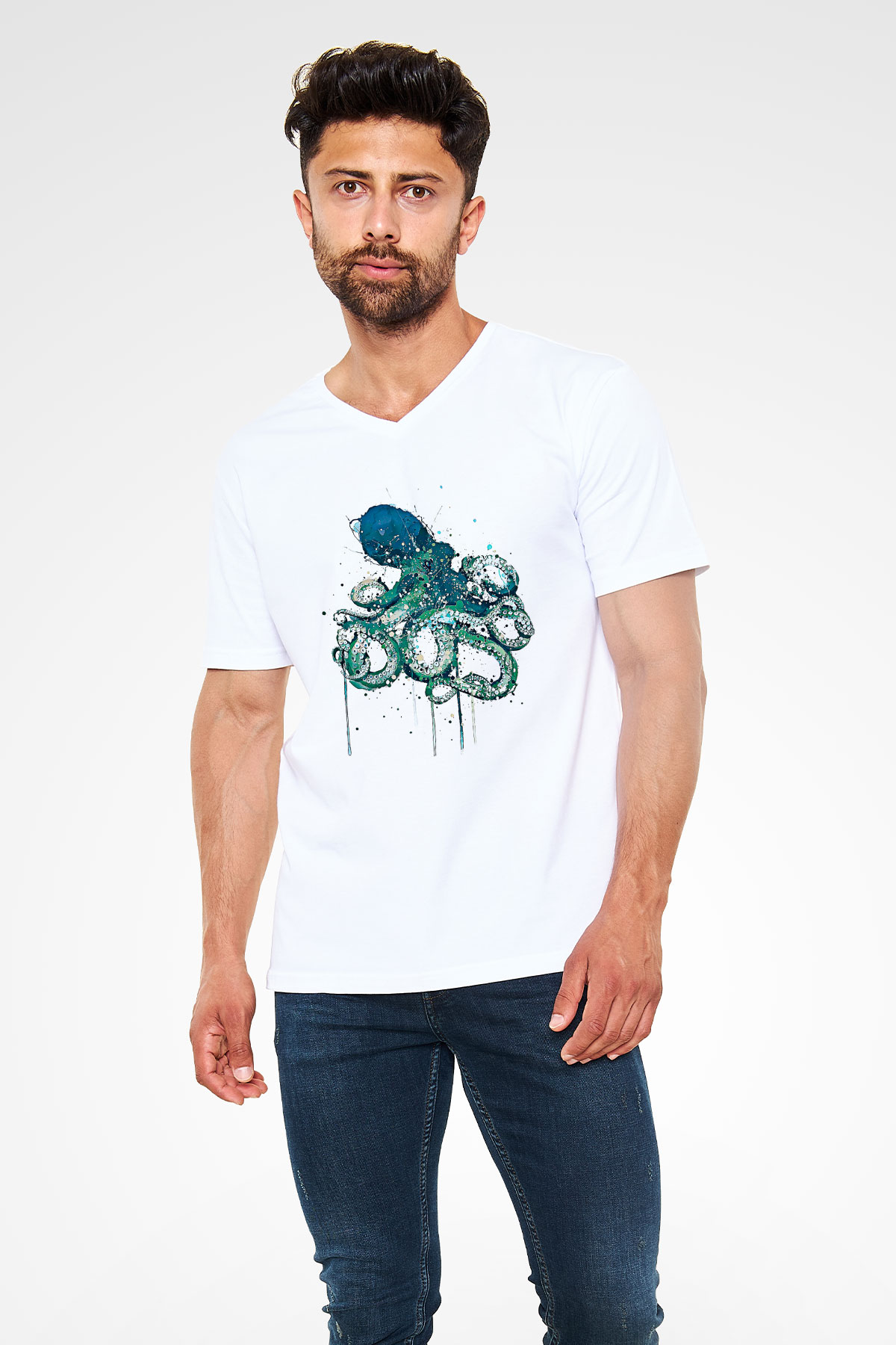 Ahtapot Baskılı Beyaz Unisex V Yaka Tişört - Tshirt