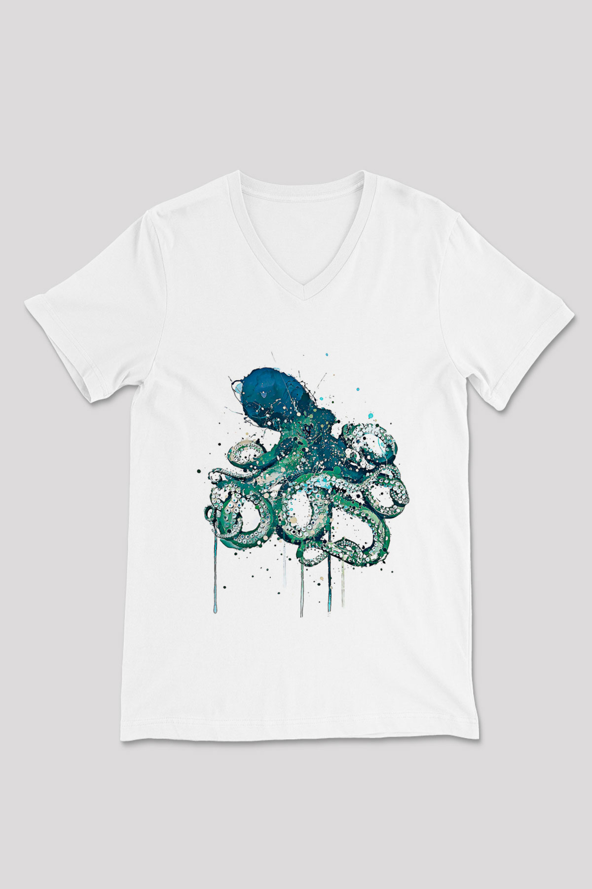 Ahtapot Baskılı Beyaz Unisex V Yaka Tişört - Tshirt