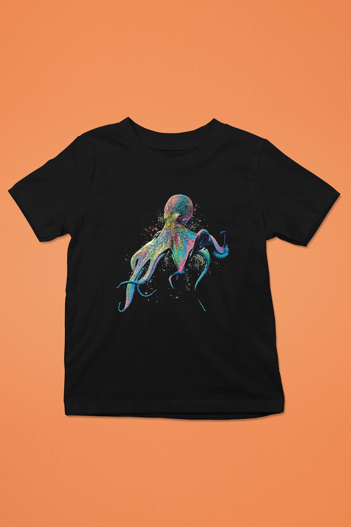Ahtapot Baskılı Unisex Siyah Çocuk Tişört - Tshirt