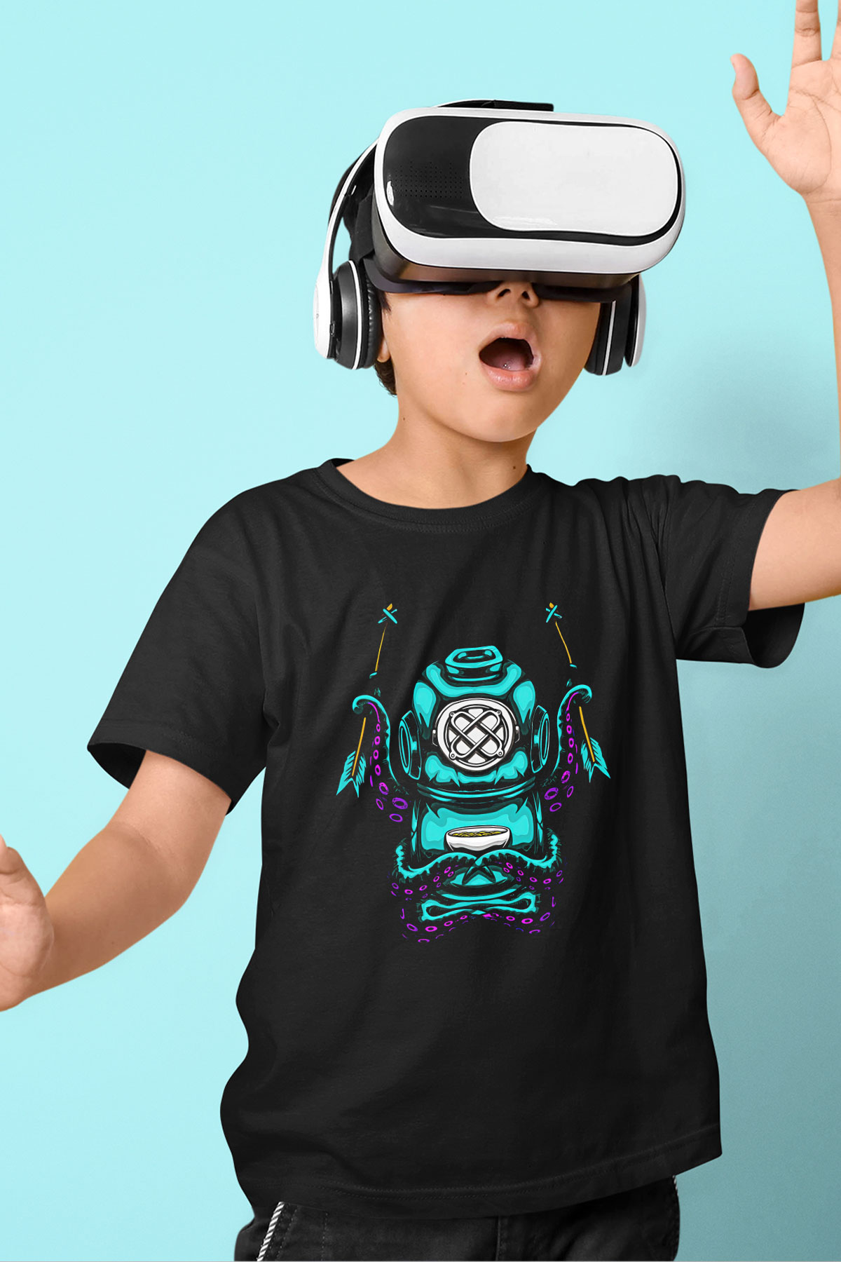 Ahtapot Baskılı Unisex Siyah Çocuk Tişört - Tshirt