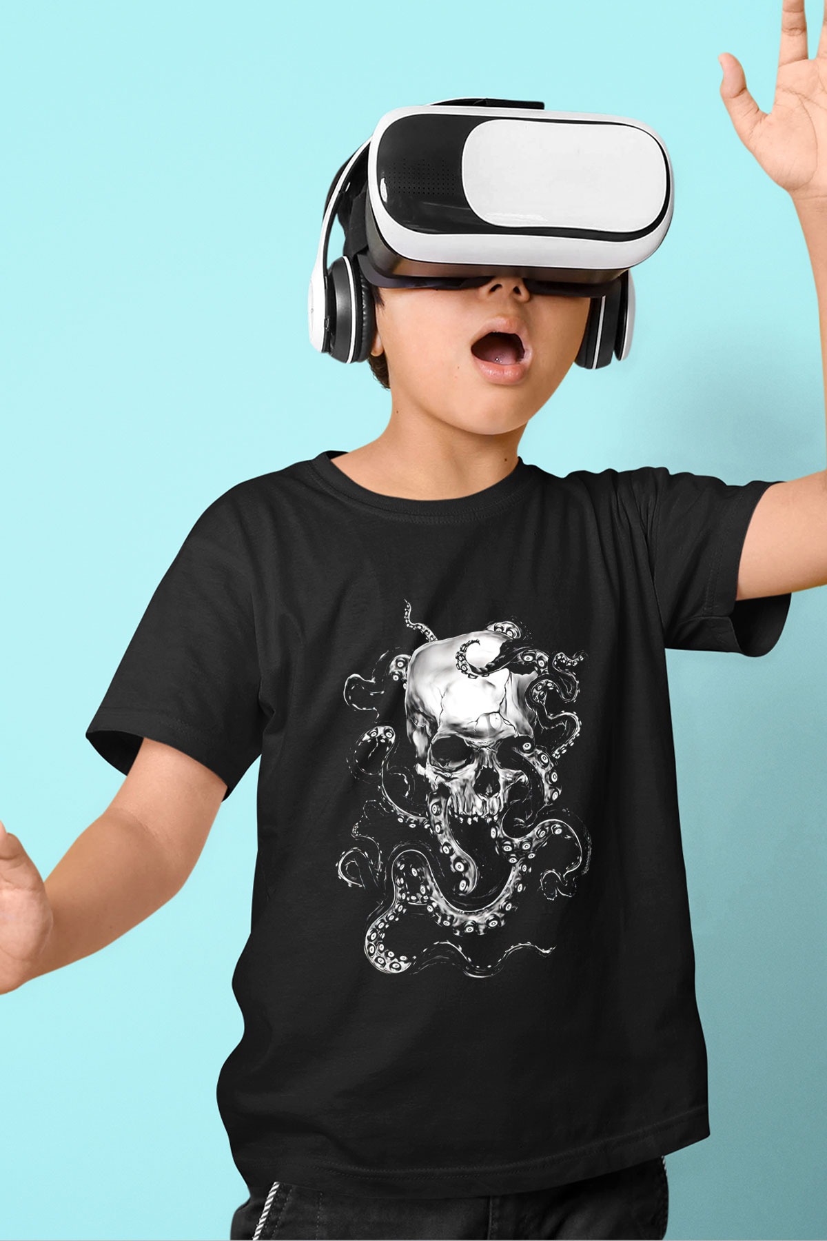 Ahtapot Baskılı Unisex Siyah Çocuk Tişört - Tshirt