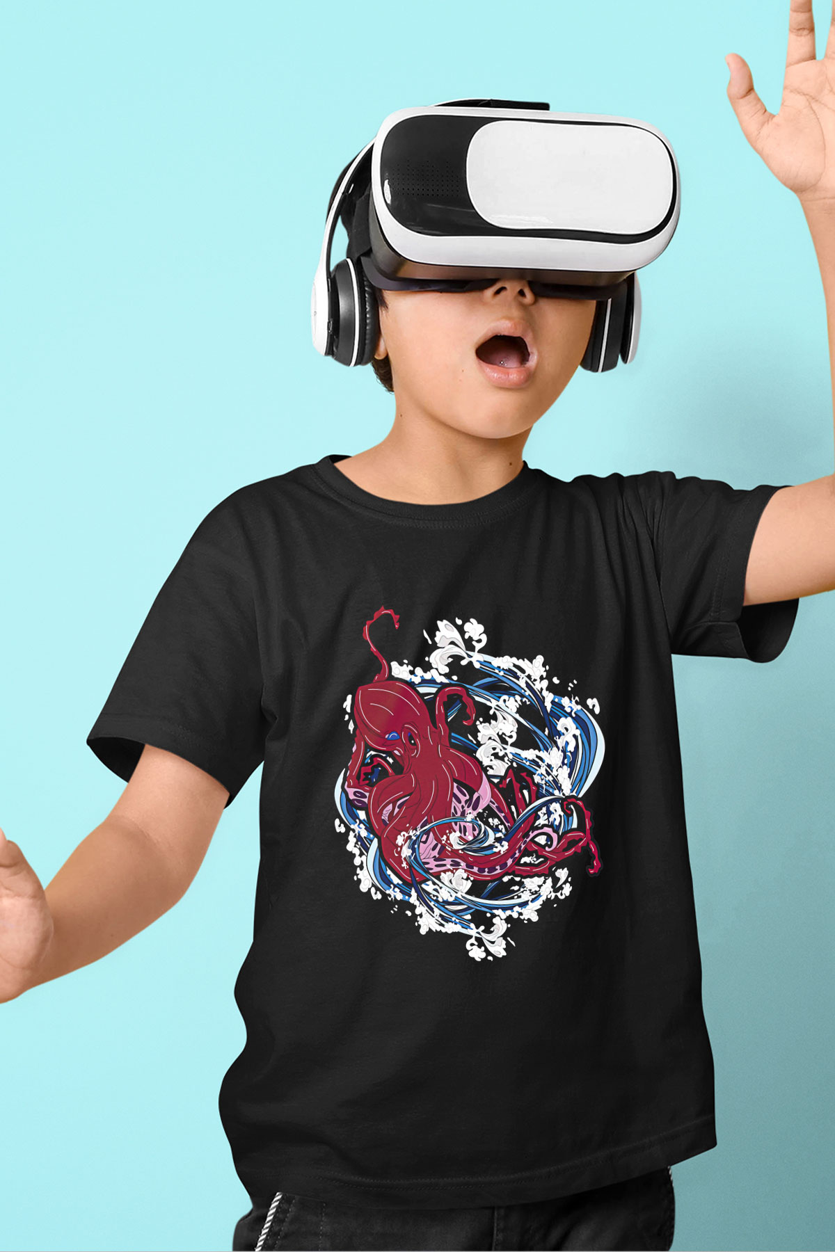 Ahtapot Baskılı Unisex Siyah Çocuk Tişört - Tshirt