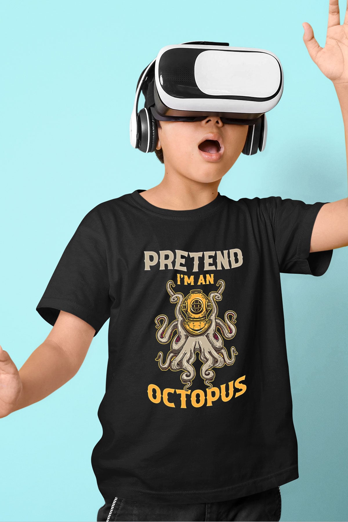 Ahtapot Baskılı Unisex Siyah Çocuk Tişört - Tshirt