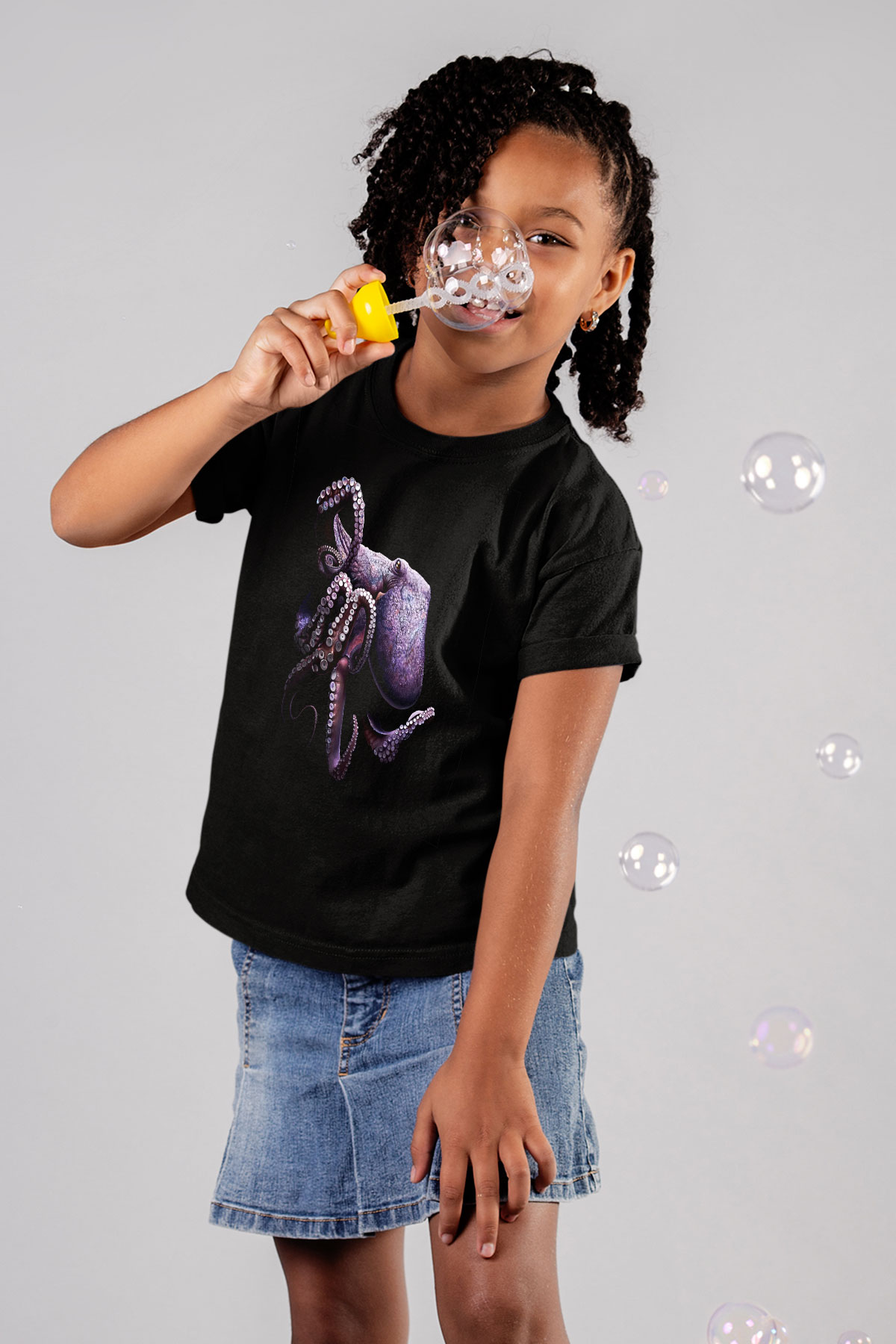 Ahtapot Baskılı Unisex Siyah Çocuk Tişört - Tshirt