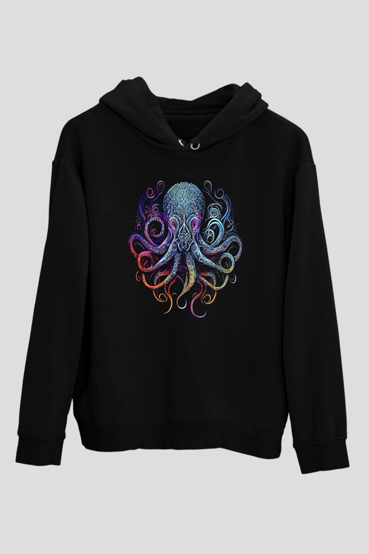 Ahtapot Baskılı Unisex Siyah Hoodie