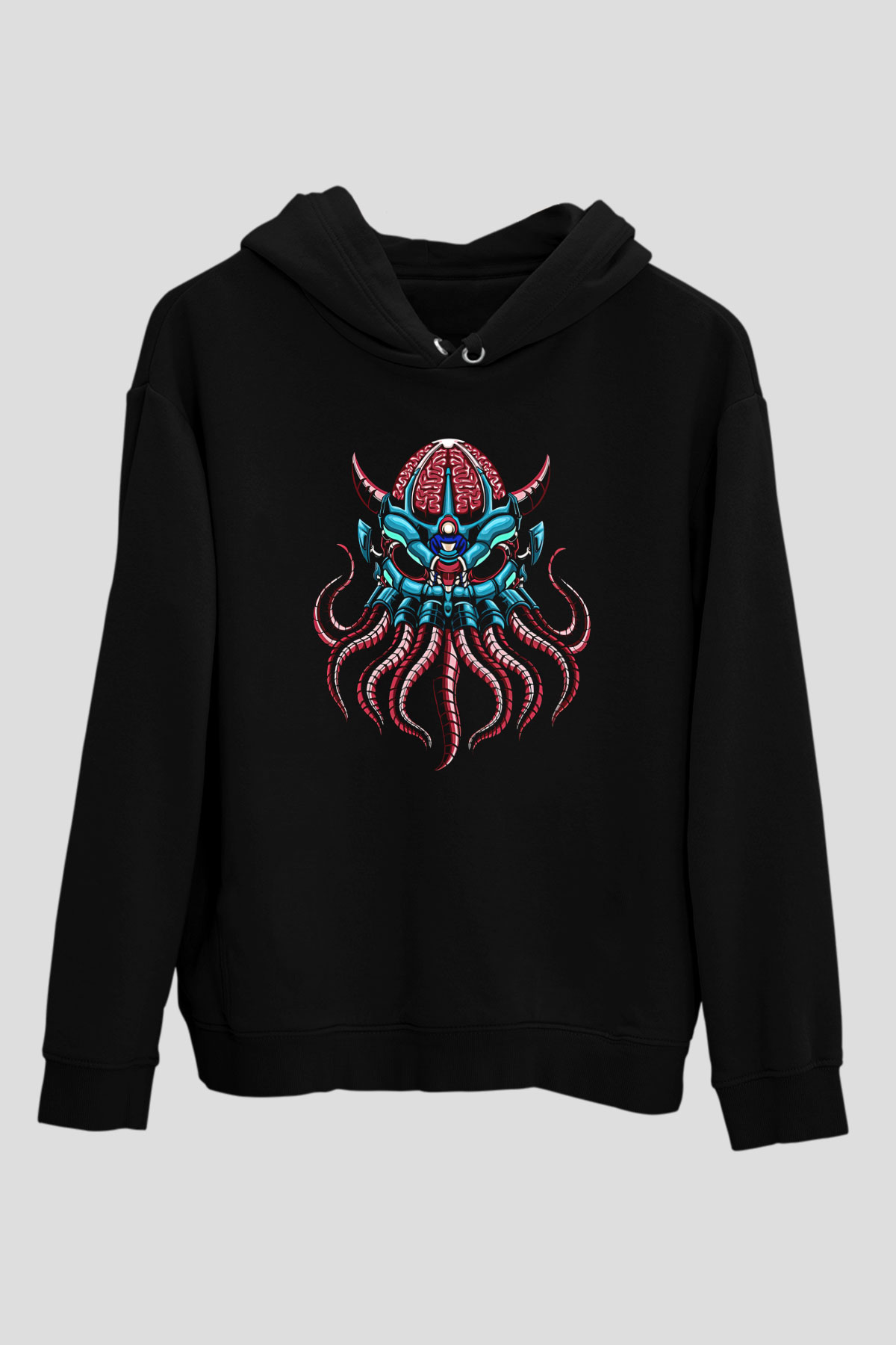 Ahtapot Baskılı Unisex Siyah Hoodie
