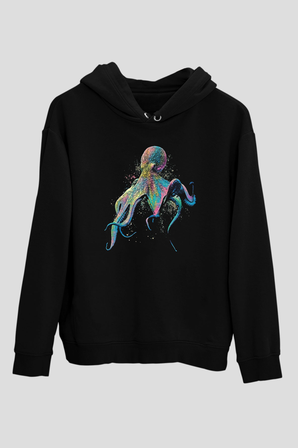 Ahtapot Baskılı Unisex Siyah Hoodie