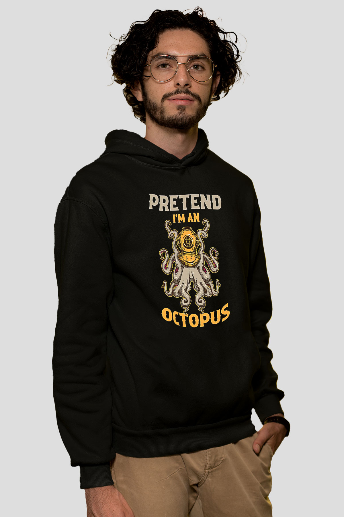 Ahtapot Baskılı Unisex Siyah Hoodie
