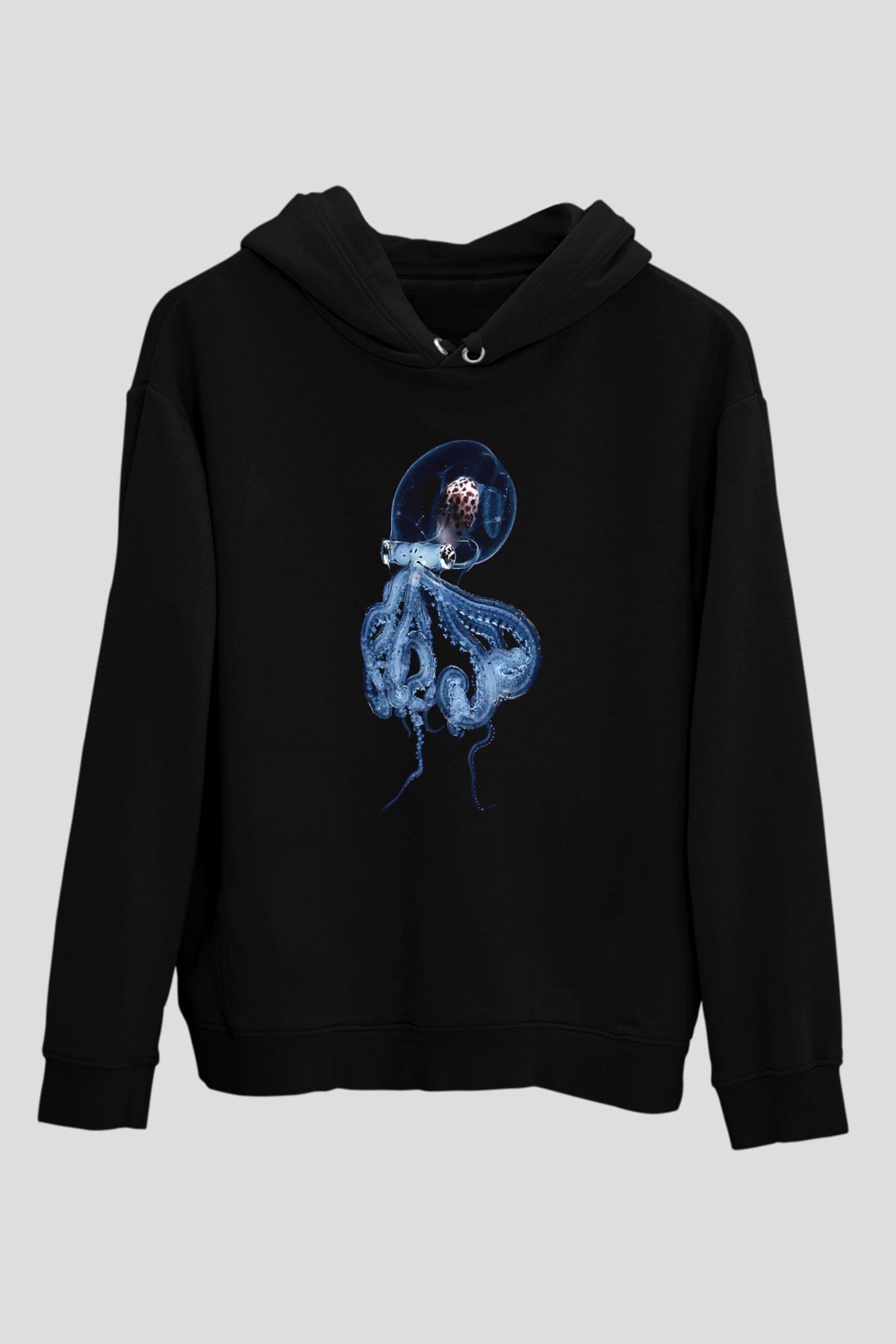 Ahtapot Baskılı Unisex Siyah Hoodie
