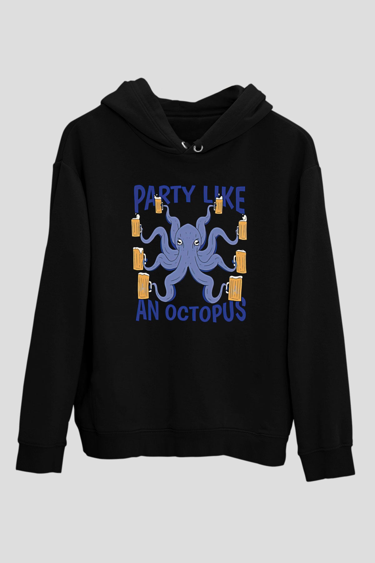 Ahtapot Baskılı Unisex Siyah Hoodie