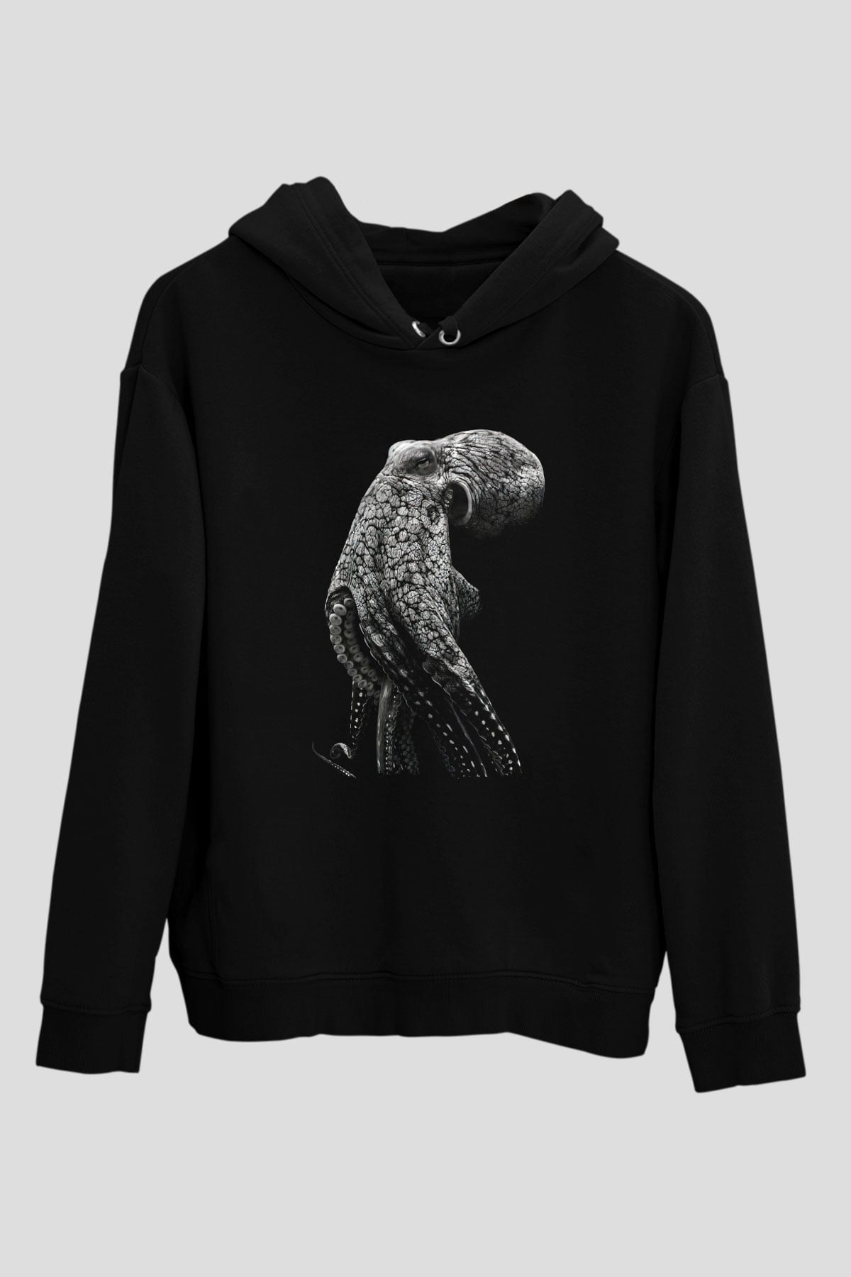 Ahtapot Baskılı Unisex Siyah Hoodie