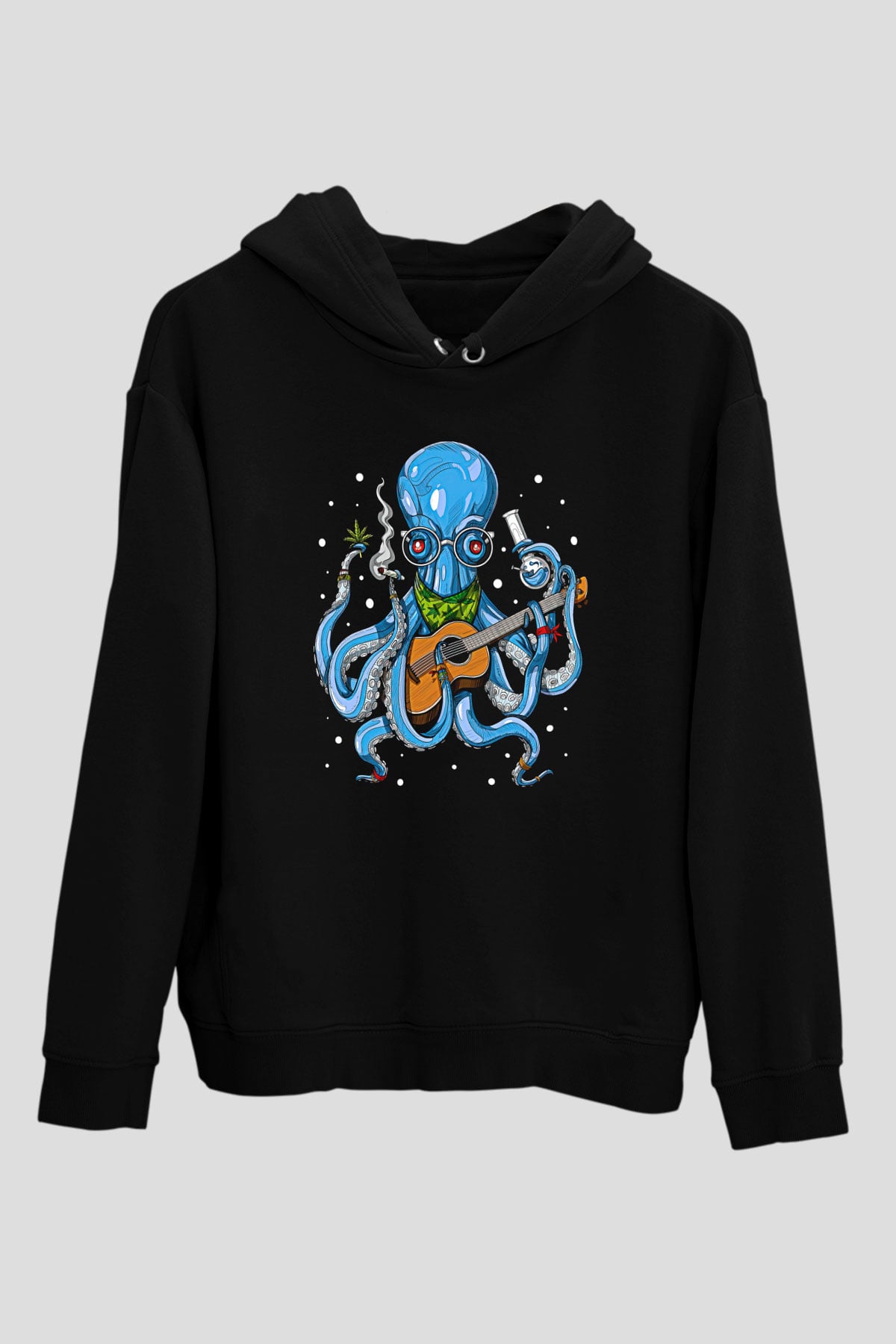 Ahtapot Baskılı Unisex Siyah Hoodie