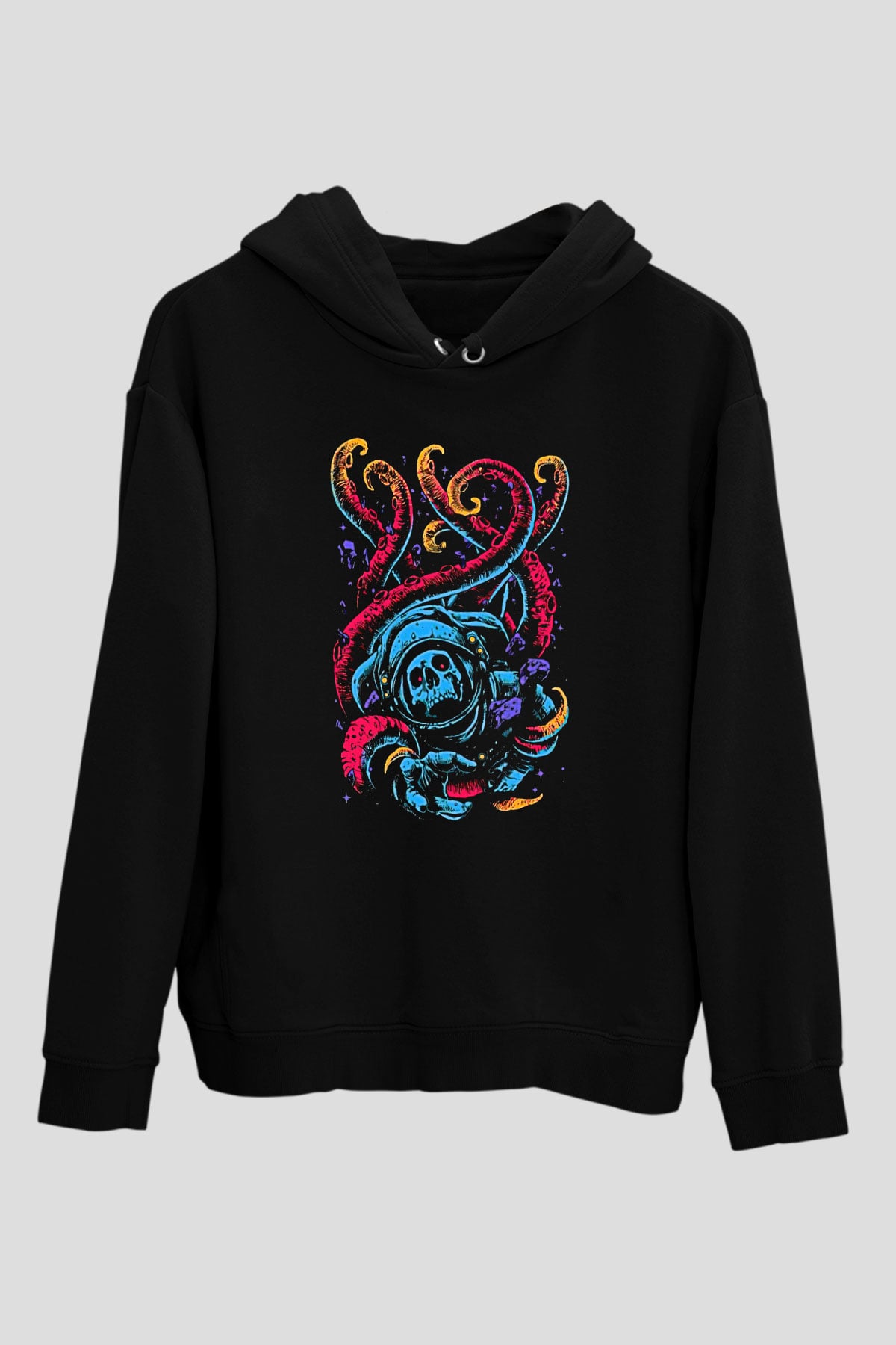 Ahtapot Baskılı Unisex Siyah Hoodie
